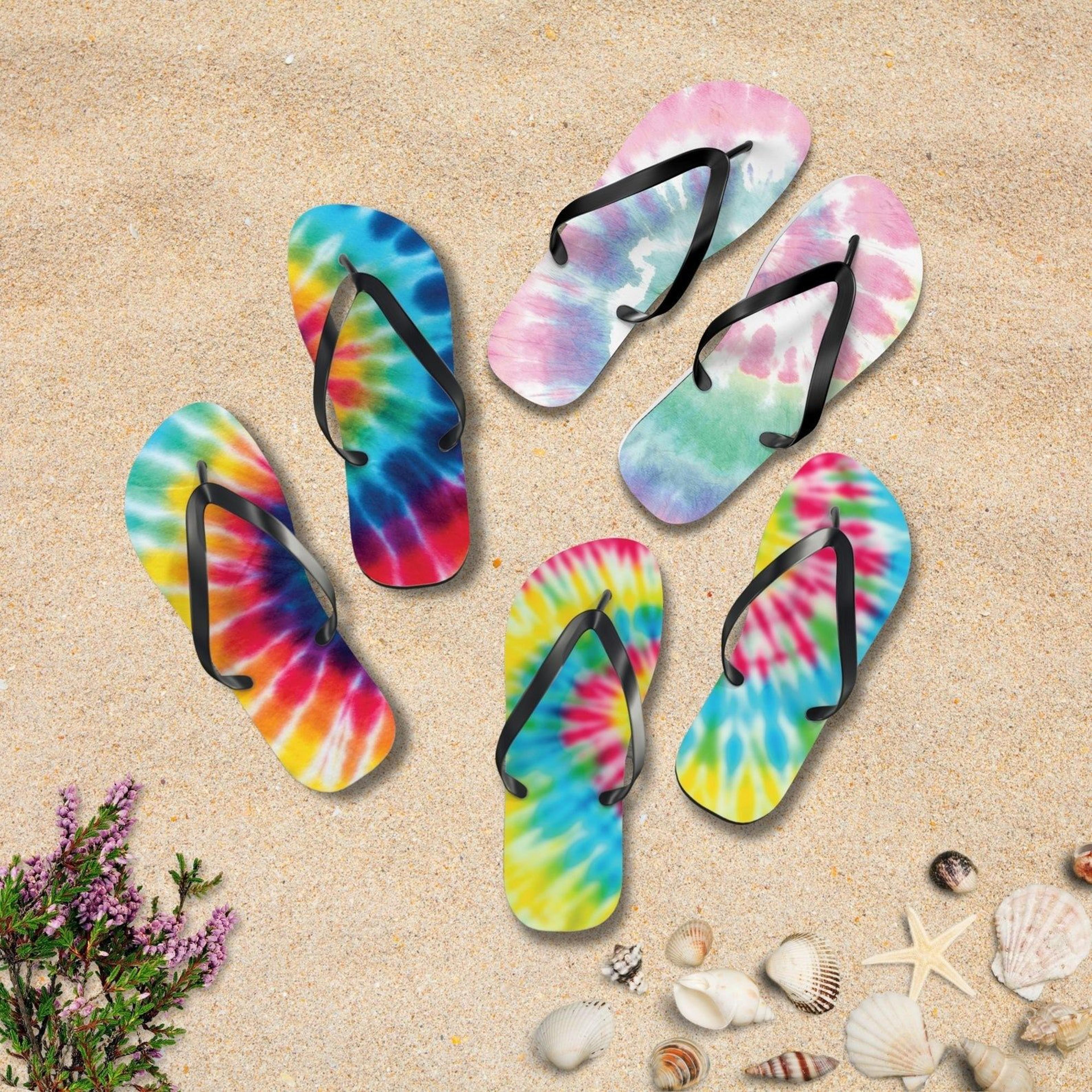 colorful tie dye flip flops for men & women | tie dye flip flops | vibrant beach flip flops