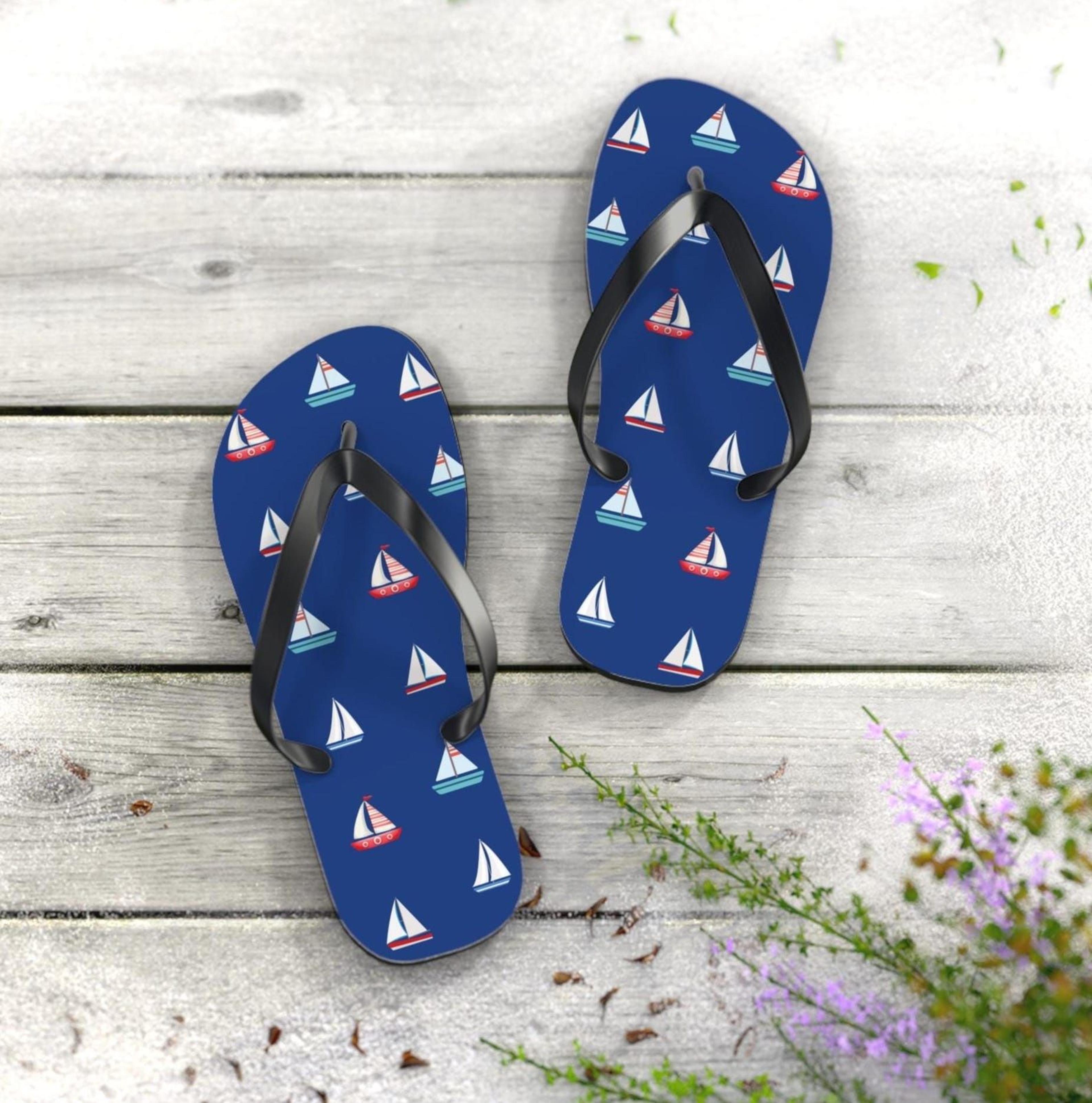 sailboat print flip flops for men & women | nautical beach summer sandals