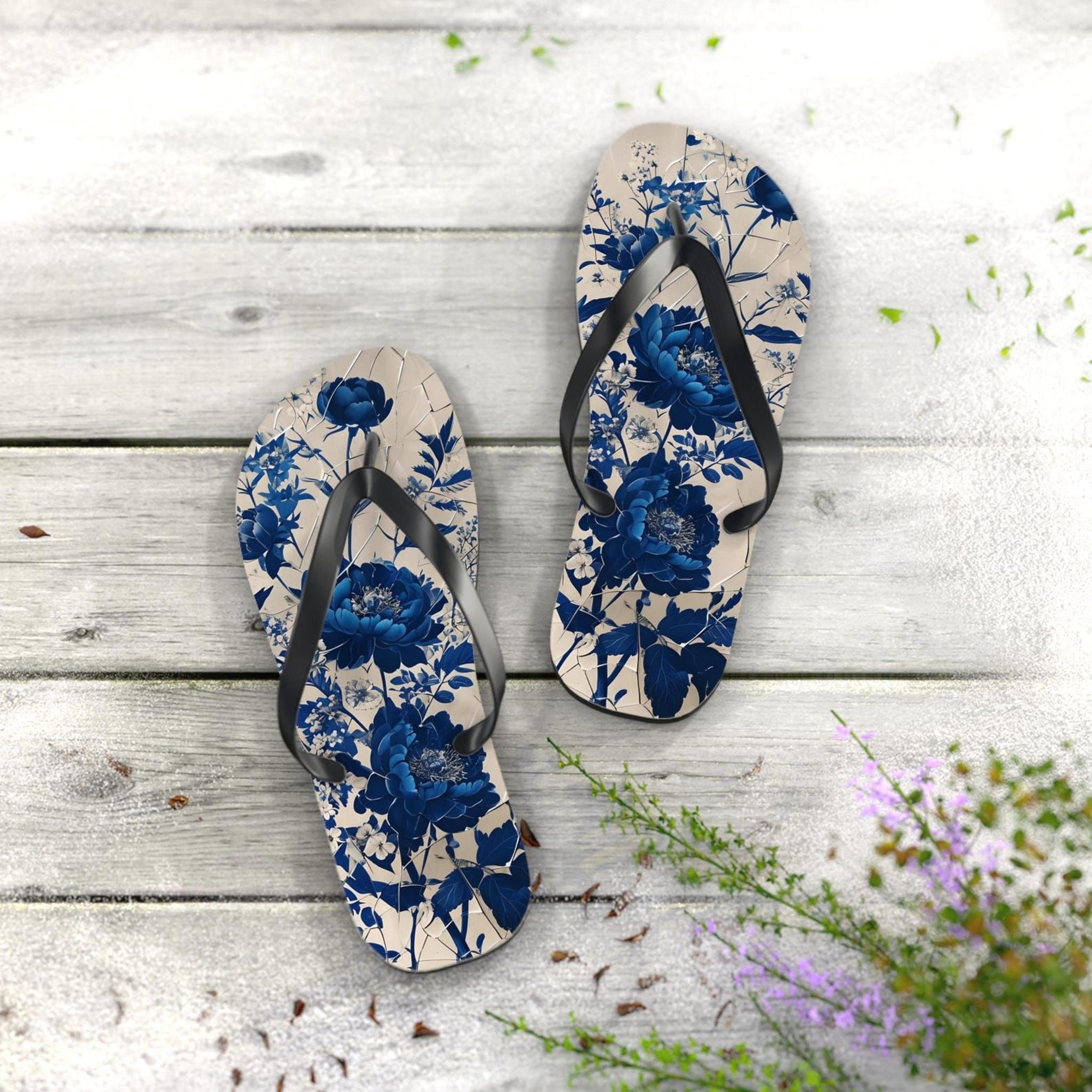 blue floral flip flops for women | summer beach floral sandals