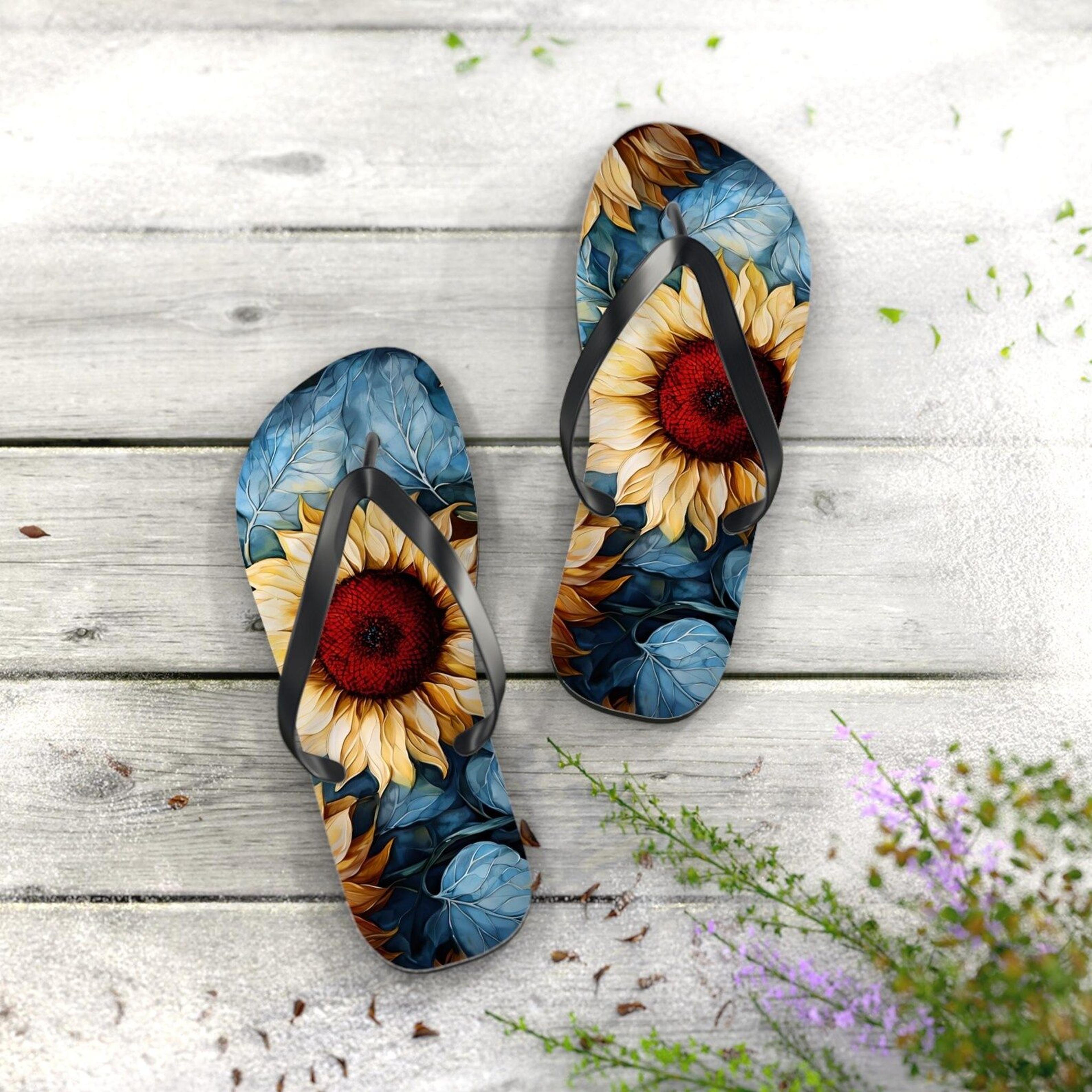 sunflower flip flops for women | floral beach summer sandals