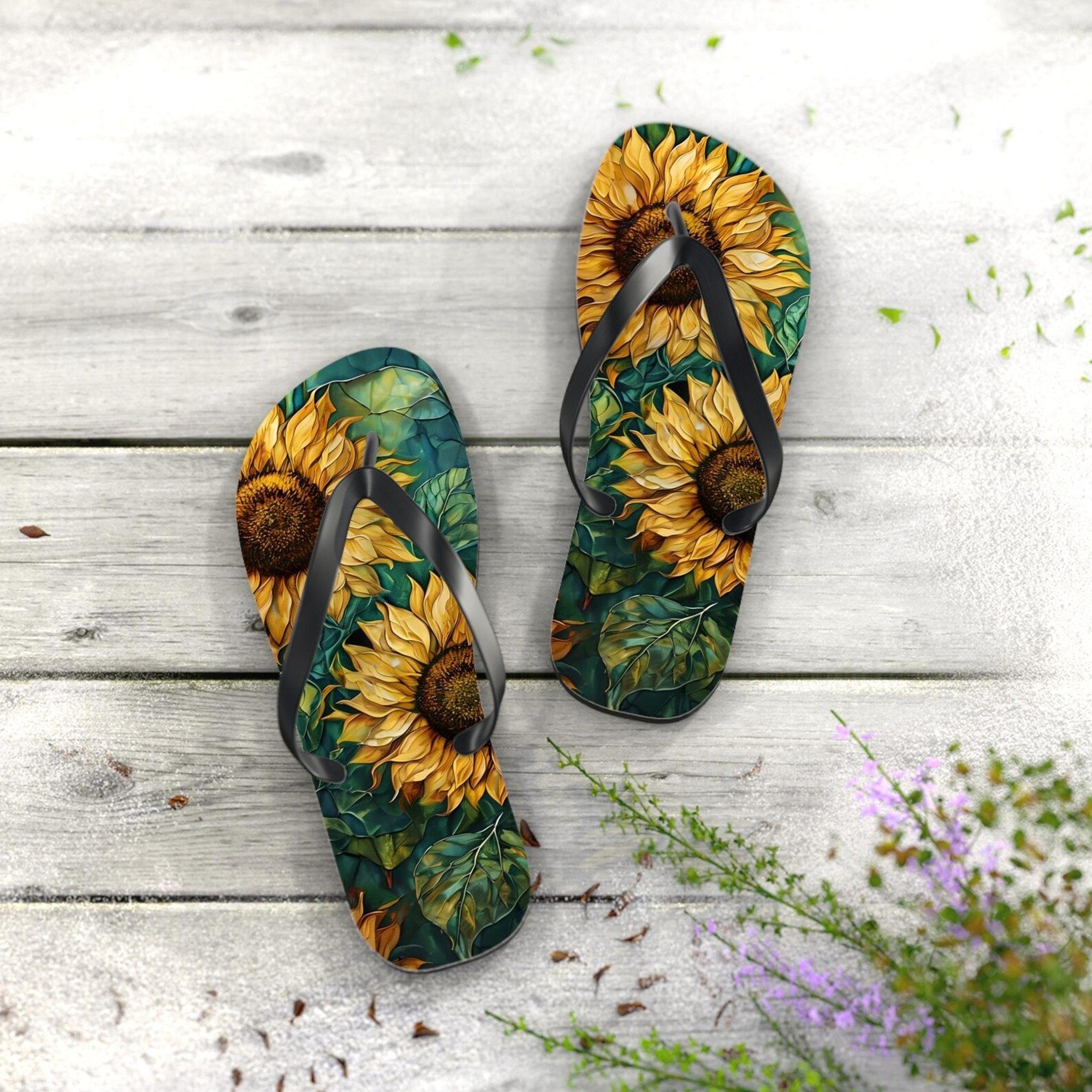 sunflower flip flops for women | floral beach vacation summer sandals