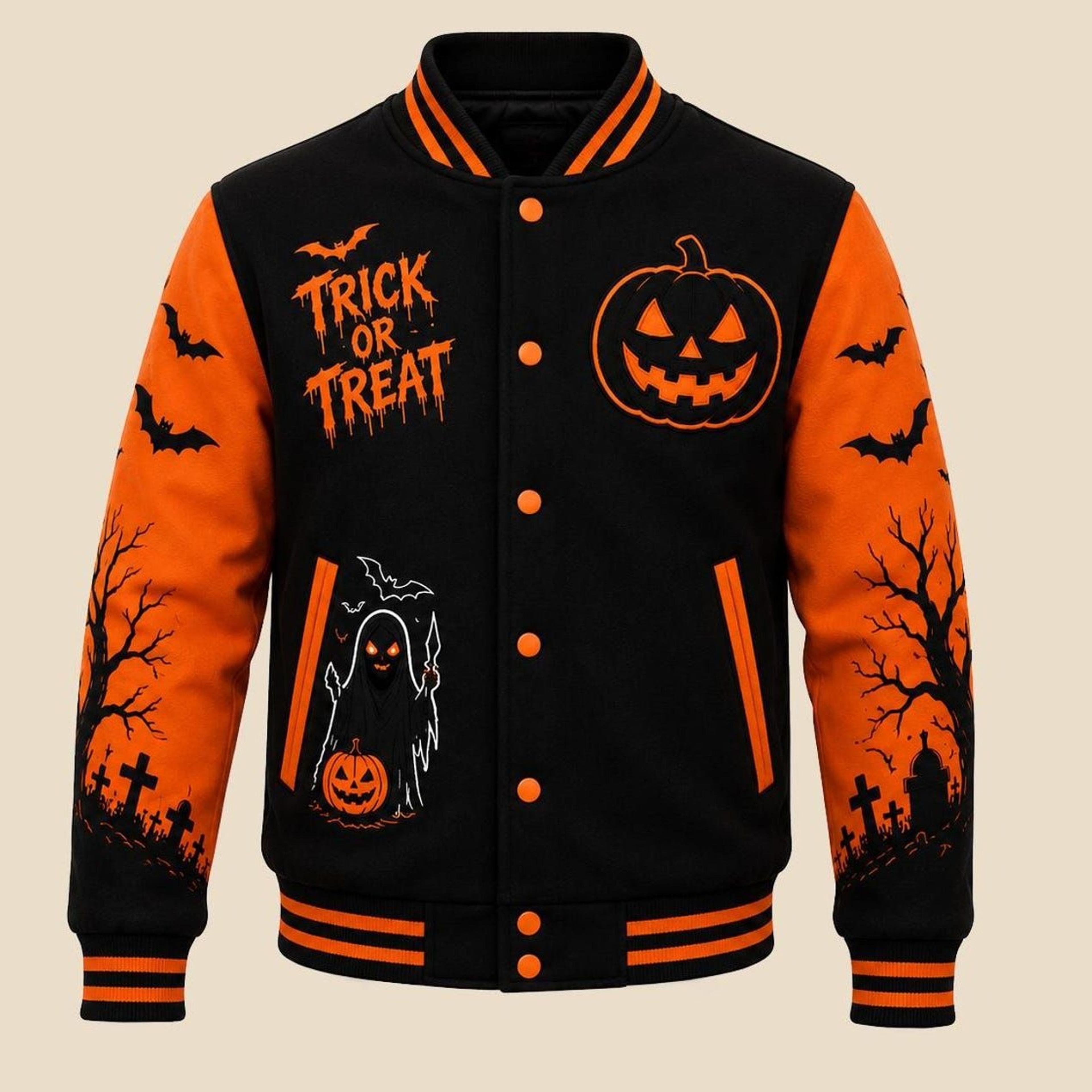 halloween varsity jacket, adult unisex trick or treat pumpkin scarecrow bomber jacket, spooky horror halloween outfit