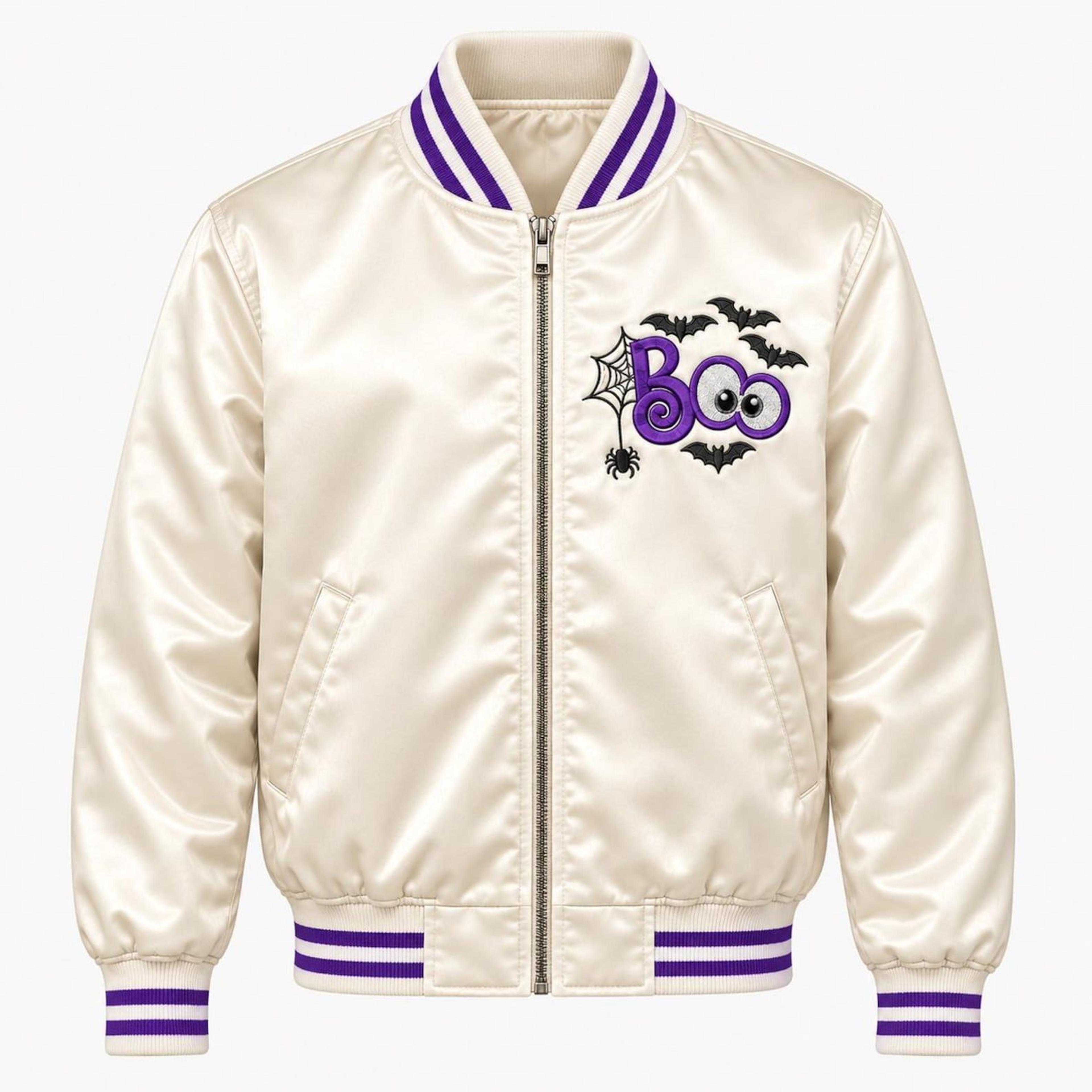unisex halloween varsity jacket, spooky boo bat jacket, purple gothic jacket, halloween gift