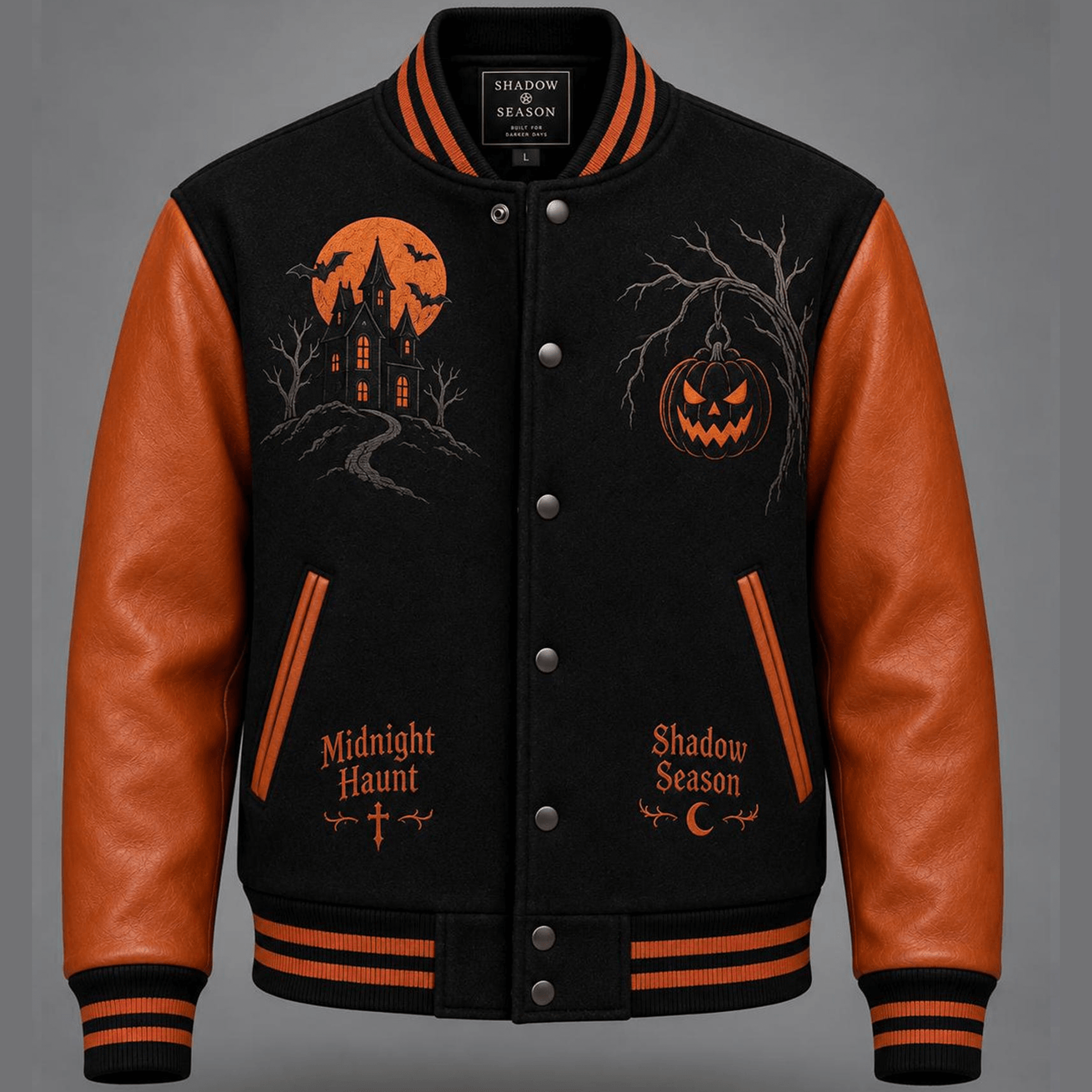 unisex halloween varsity jacket, black spooky skeleton jacket, gothic pumpkin jacket, horror halloween gift