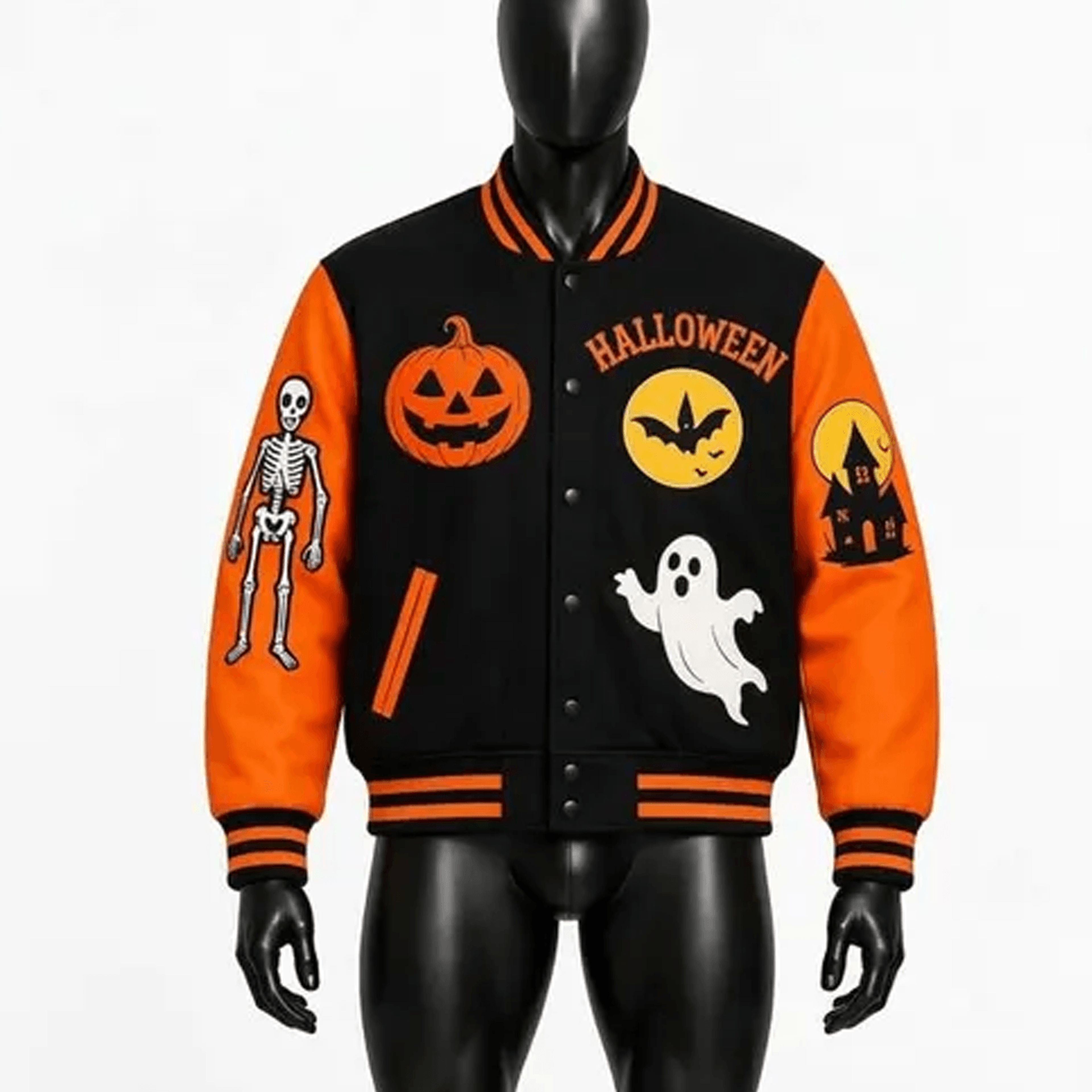 unisex halloween varsity jacket, pumpkin ghost skeleton bat haunted house jacket, spooky halloween gift