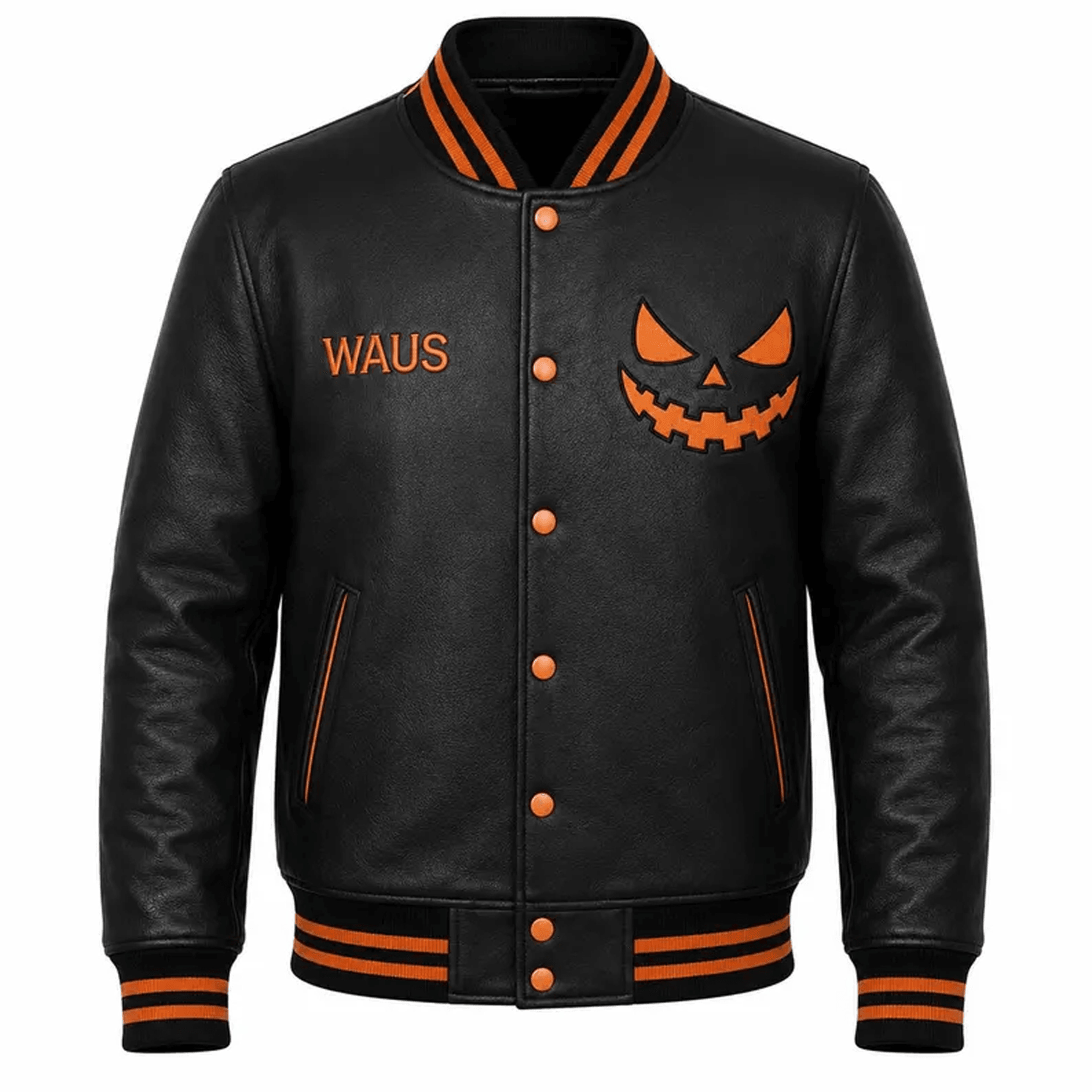 personalized unisex halloween varsity jacket, custom name jack o lantern pumpkin jacket, spooky halloween gift