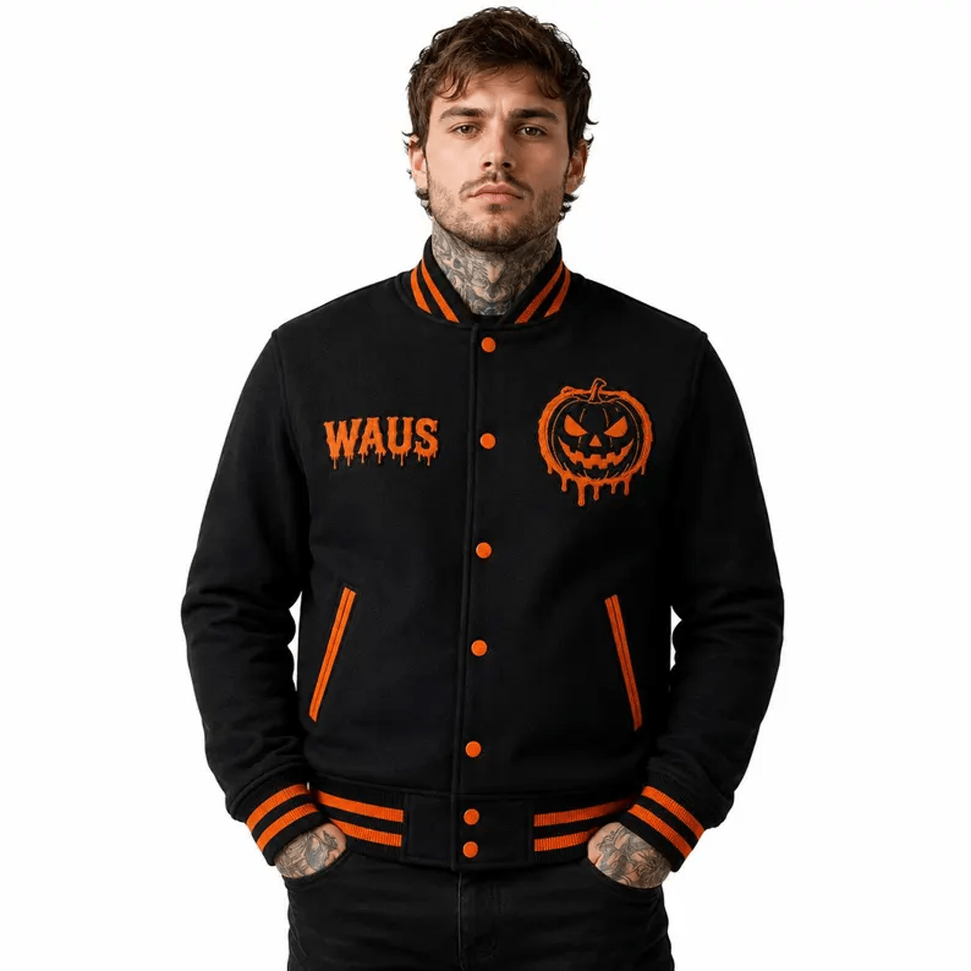 personalized unisex halloween varsity jacket, custom name pumpkin haunted castle jacket, spooky halloween gift