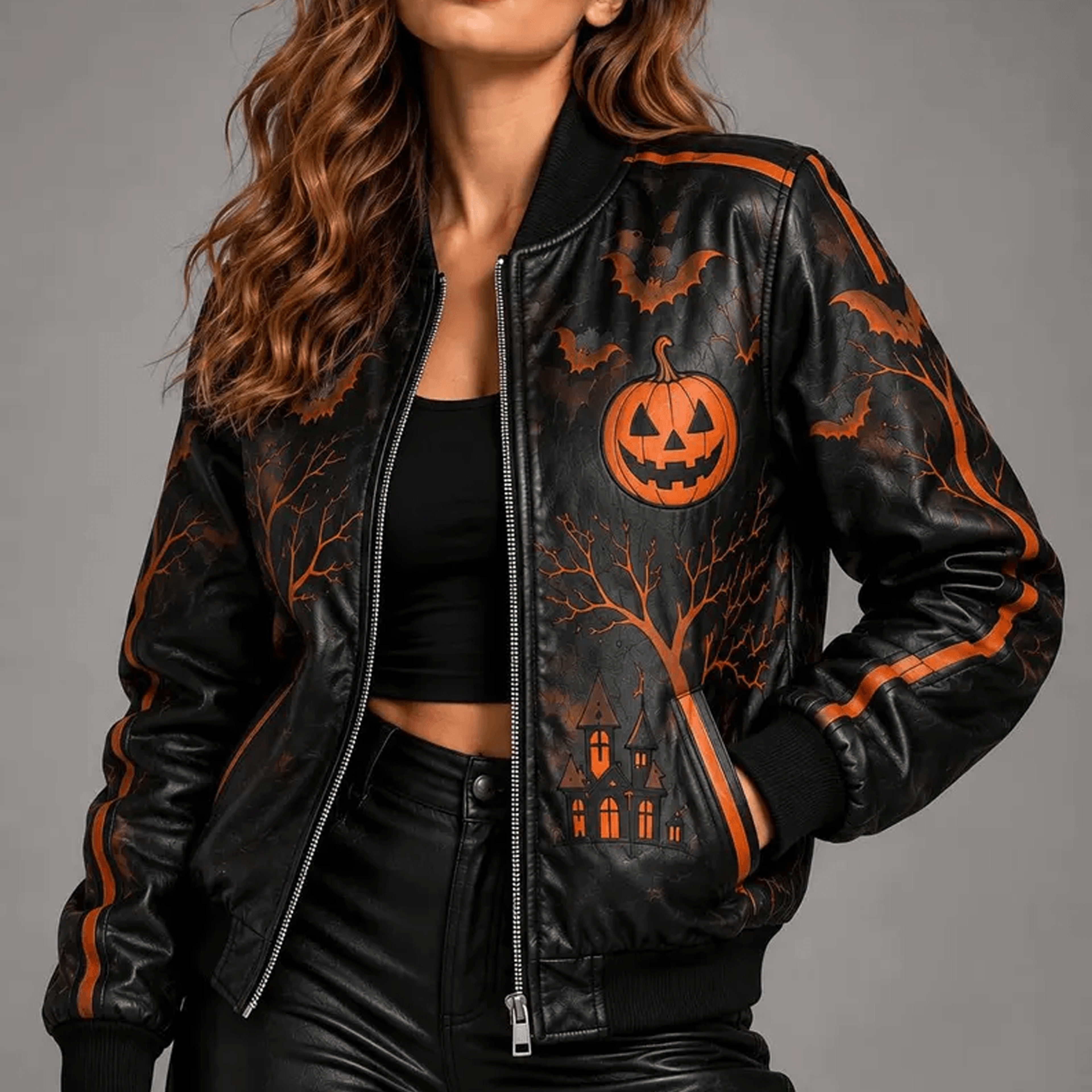 unisex halloween varsity jacket, haunted castle pumpkin bat jacket, spooky moon gothic halloween gift