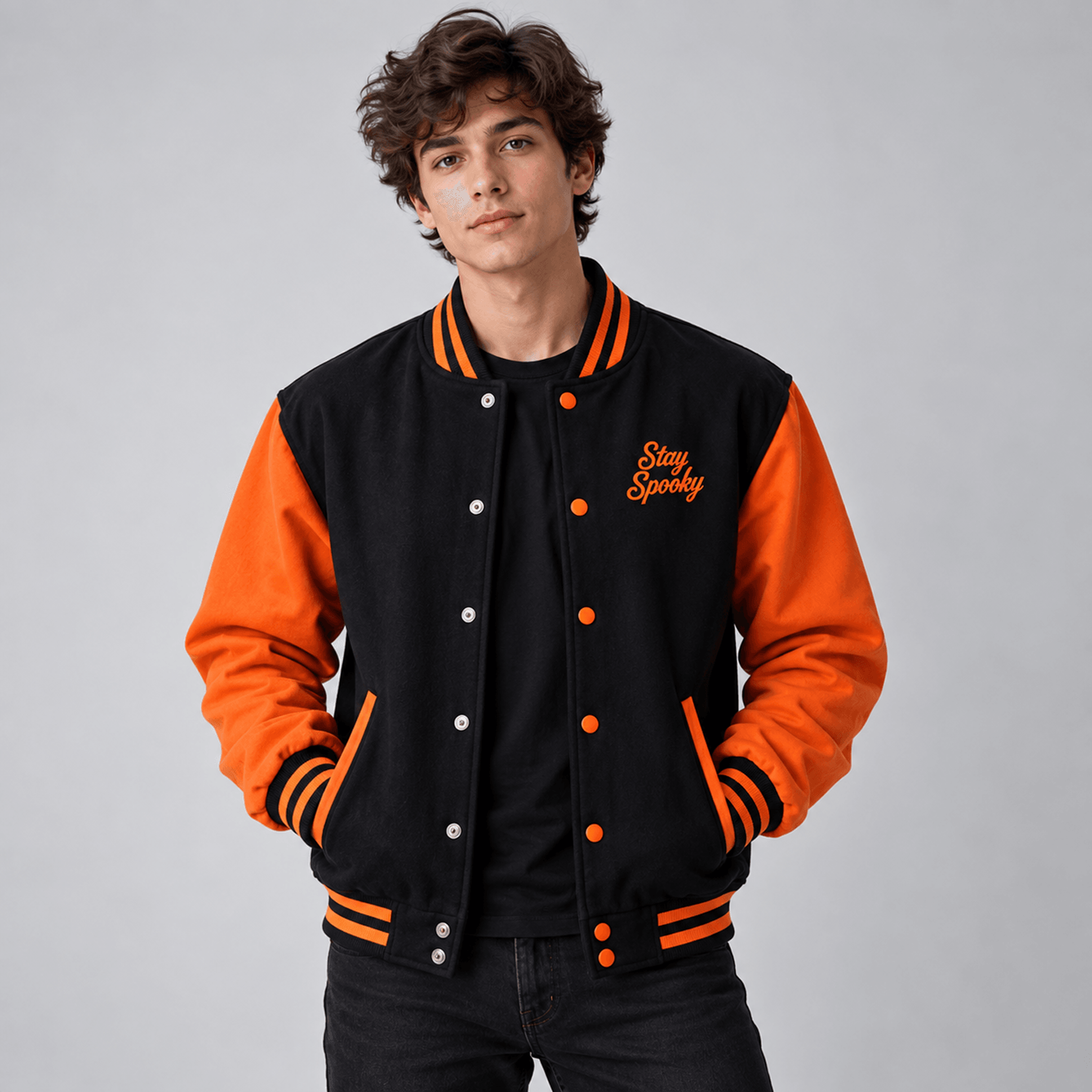 unisex stay spooky halloween varsity jacket, pumpkin bat black orange jacket, spooky season halloween gift