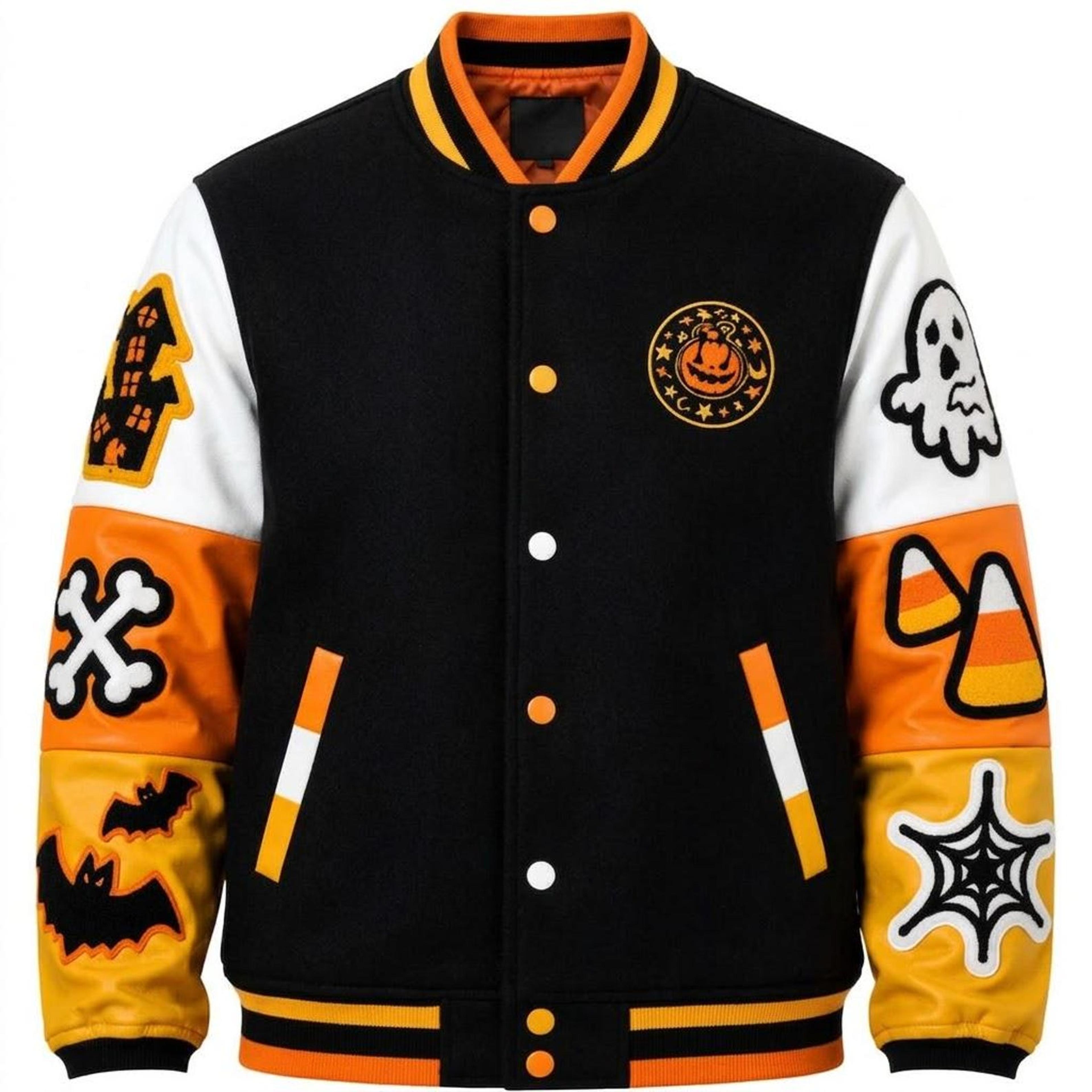 unisex boo halloween varsity jacket, ghost candy corn spider web bat jacket, spooky halloween gift
