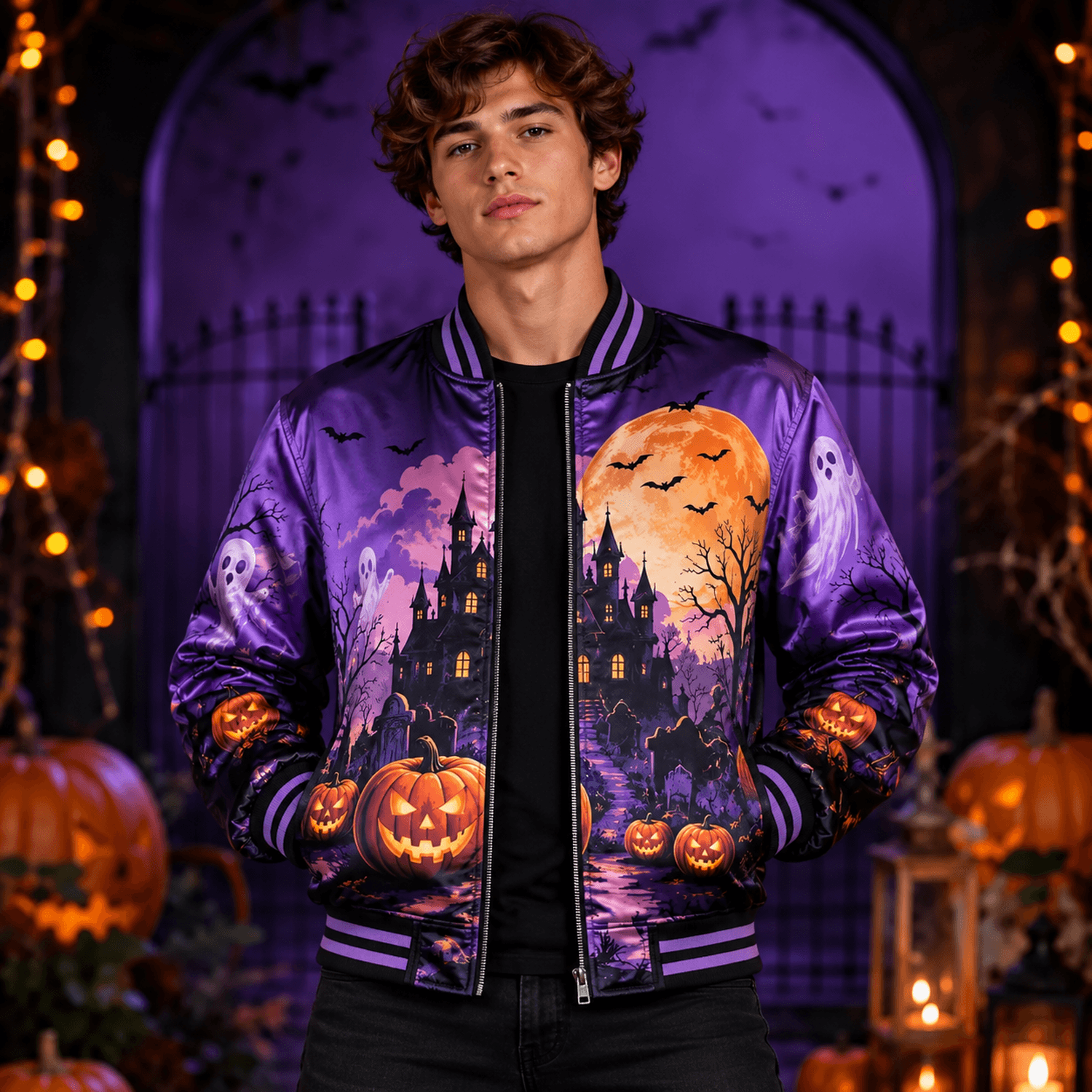 unisex halloween varsity jacket, haunted castle ghost pumpkin bat jacket, tis the season to be spooky gift