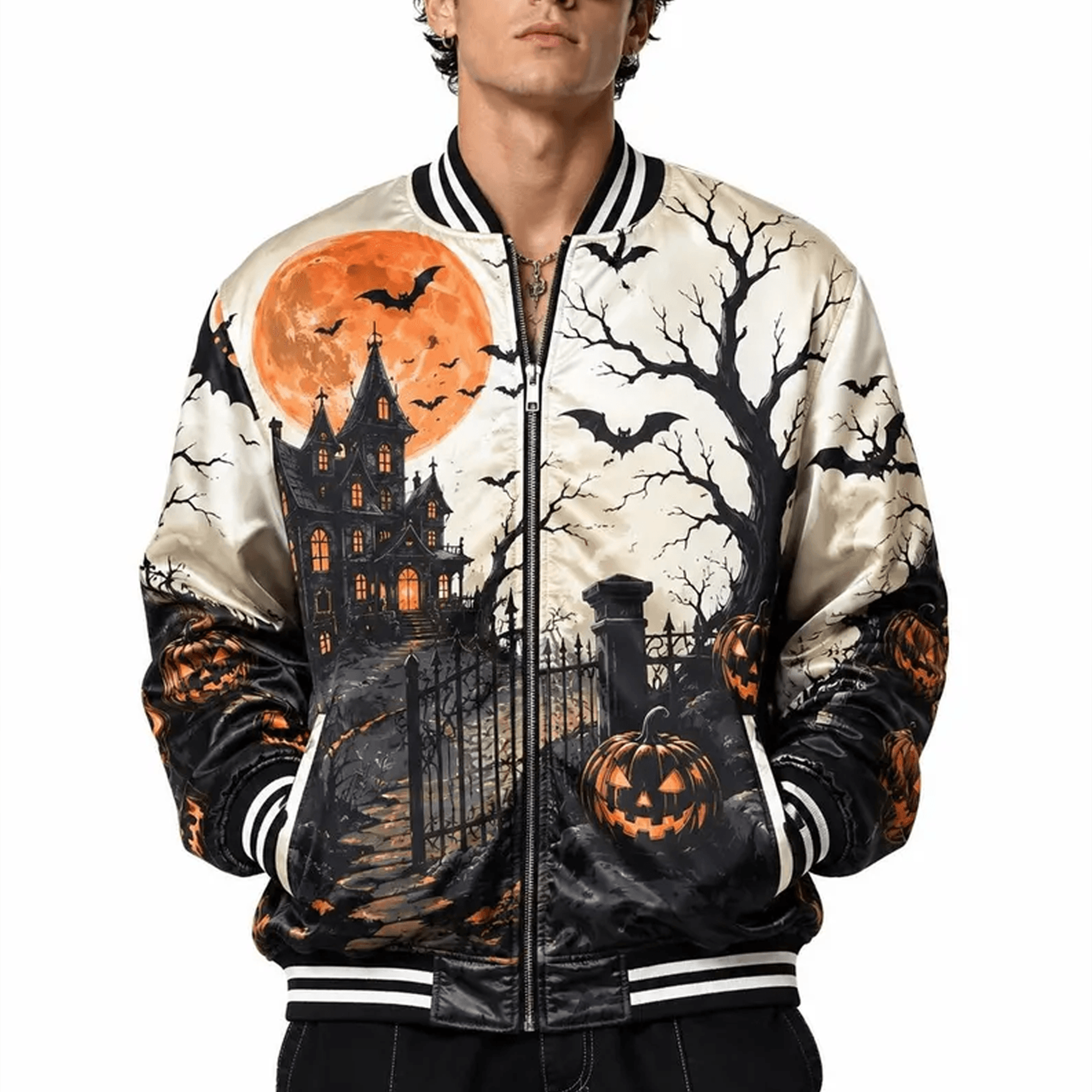 unisex halloween varsity jacket, haunted house pumpkin moon bat jacket, gothic spooky halloween gift