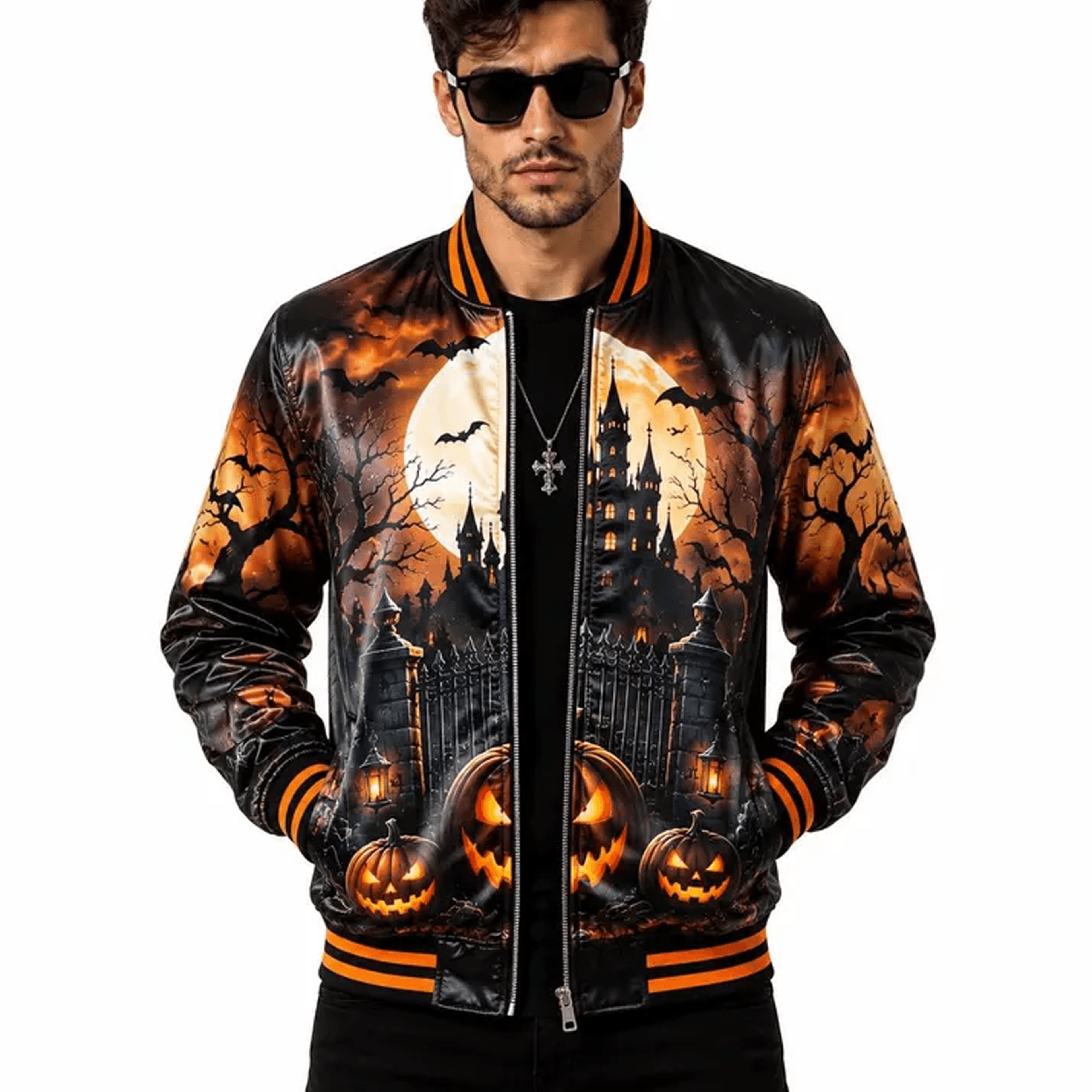 unisex halloween varsity jacket, haunted castle pumpkin bat jacket, gothic moon spooky halloween gift