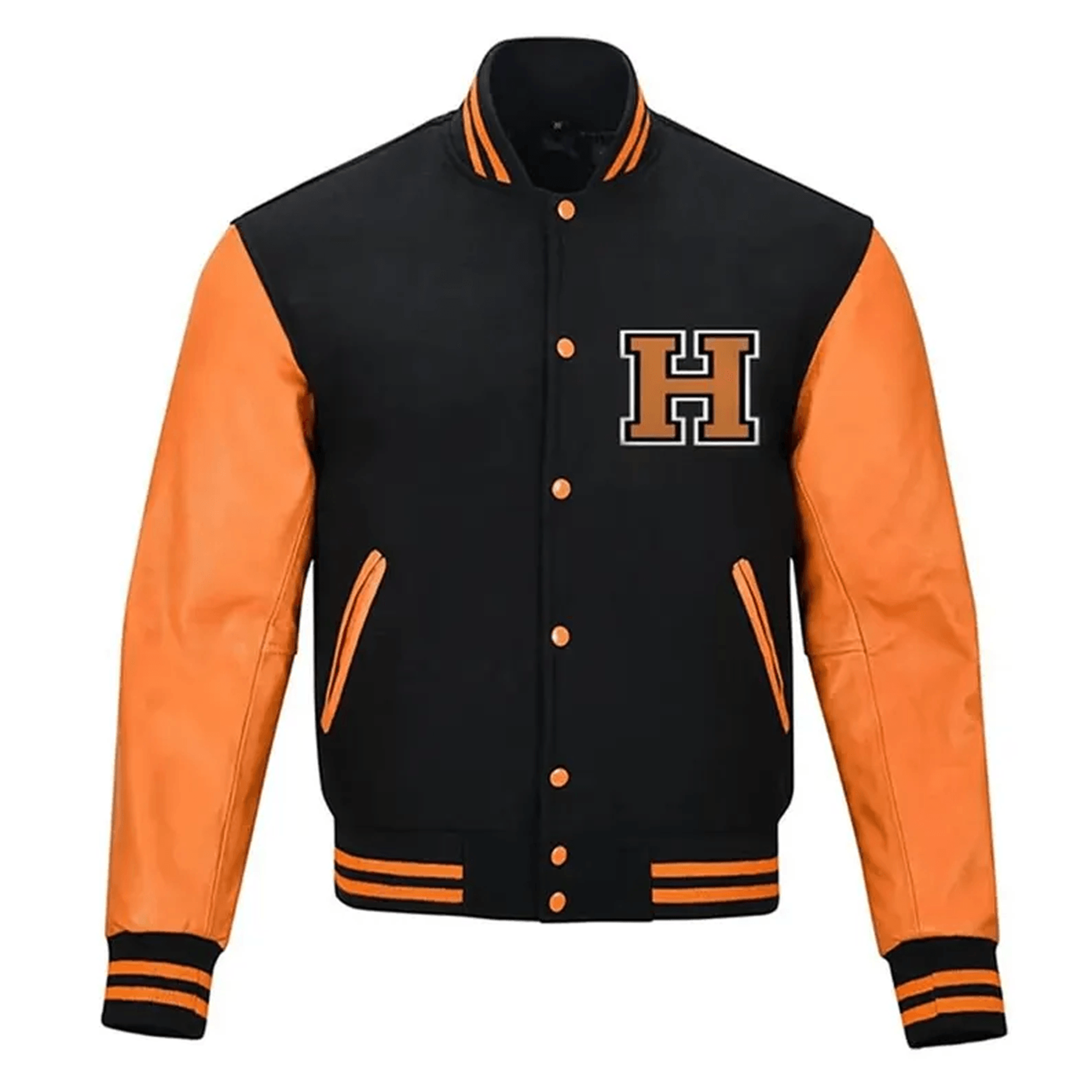 unisex halloween varsity jacket, jack o lantern pumpkin jacket, black orange spooky halloween jacket, halloween gift