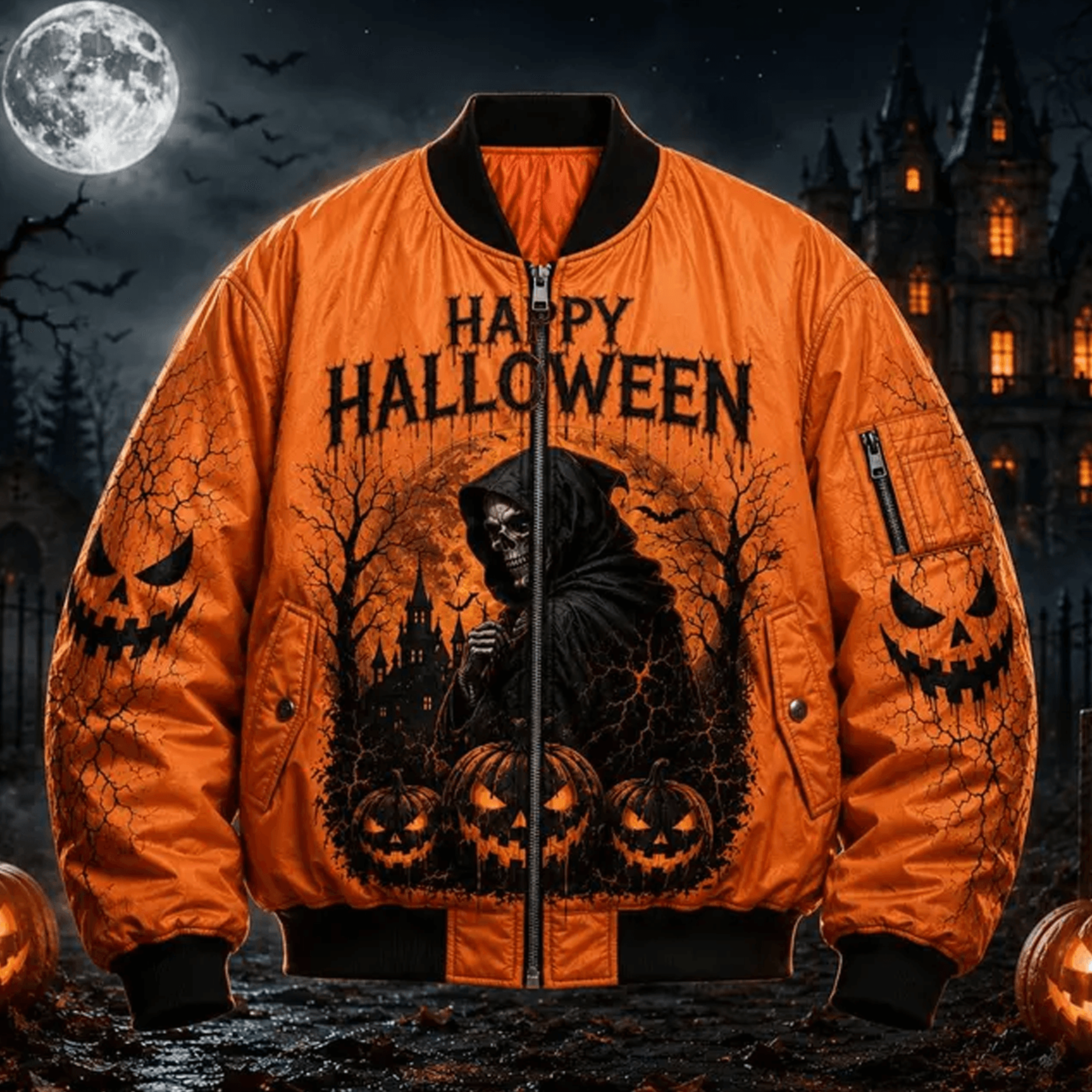 unisex happy halloween varsity jacket, grim reaper pumpkin haunted castle jacket, orange black spooky halloween gift
