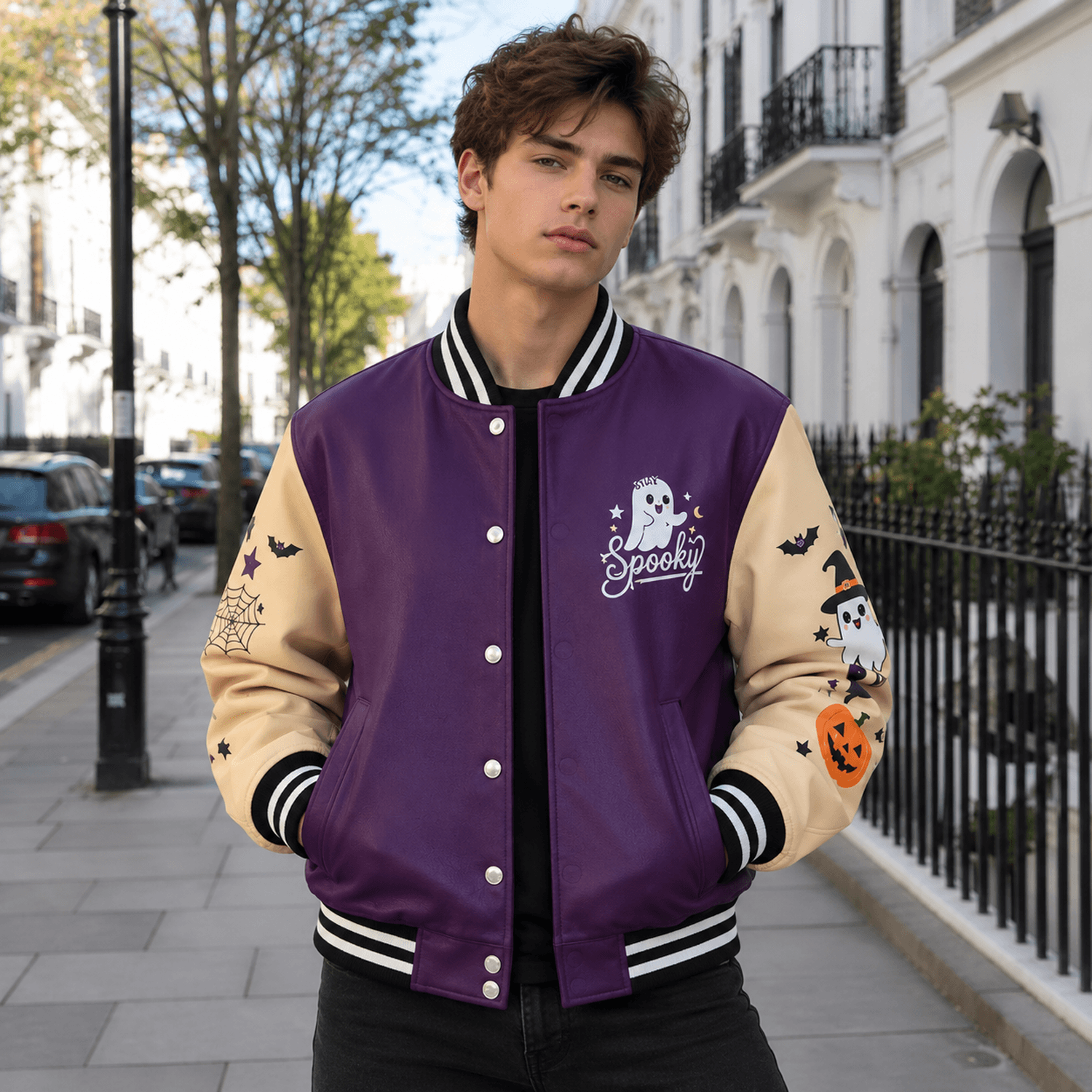 unisex stay spooky halloween varsity jacket, cute ghost pumpkin bat jacket, purple spooky season halloween gift