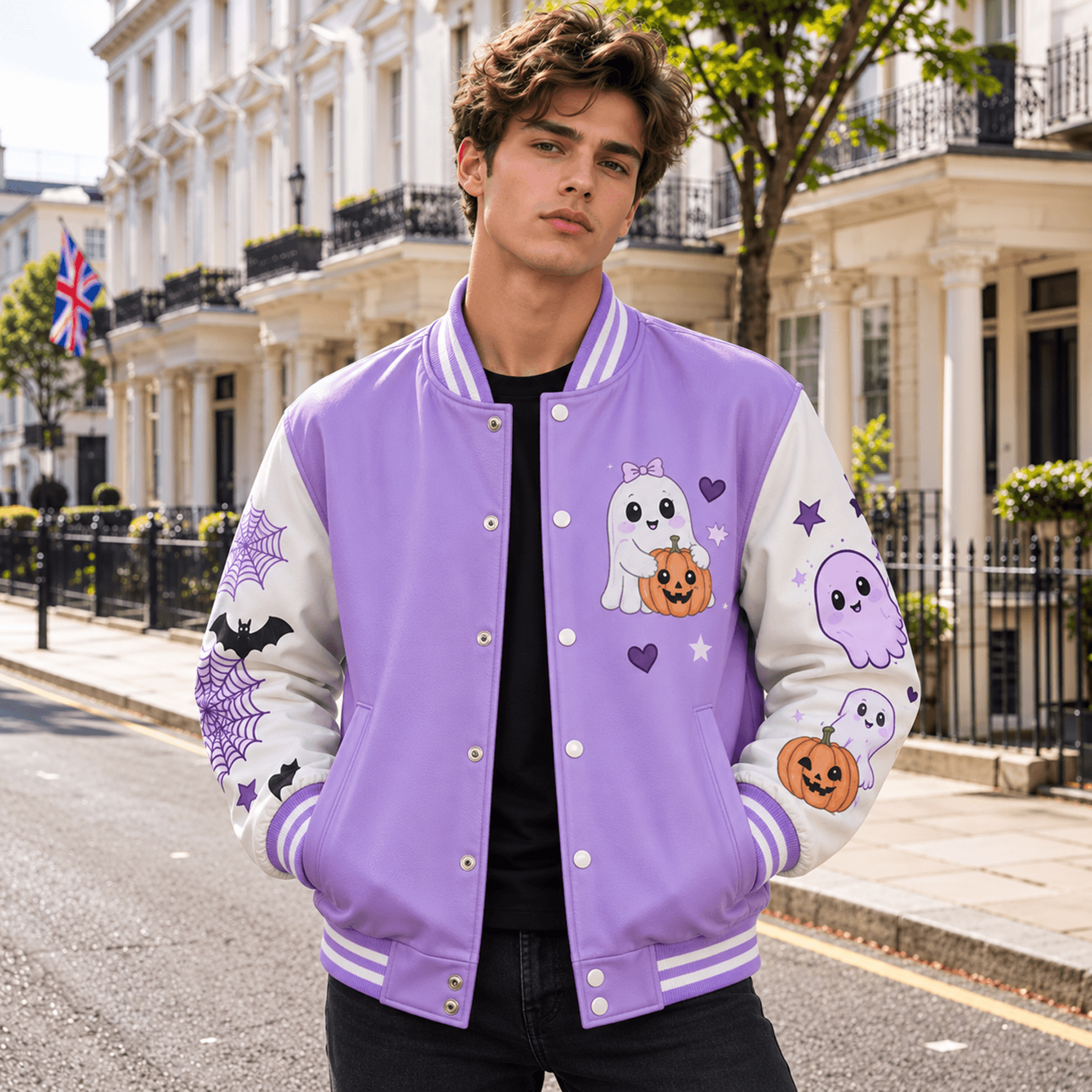 unisex halloween varsity jacket, cute ghost pumpkin bat spider web jacket, purple spooky halloween gift
