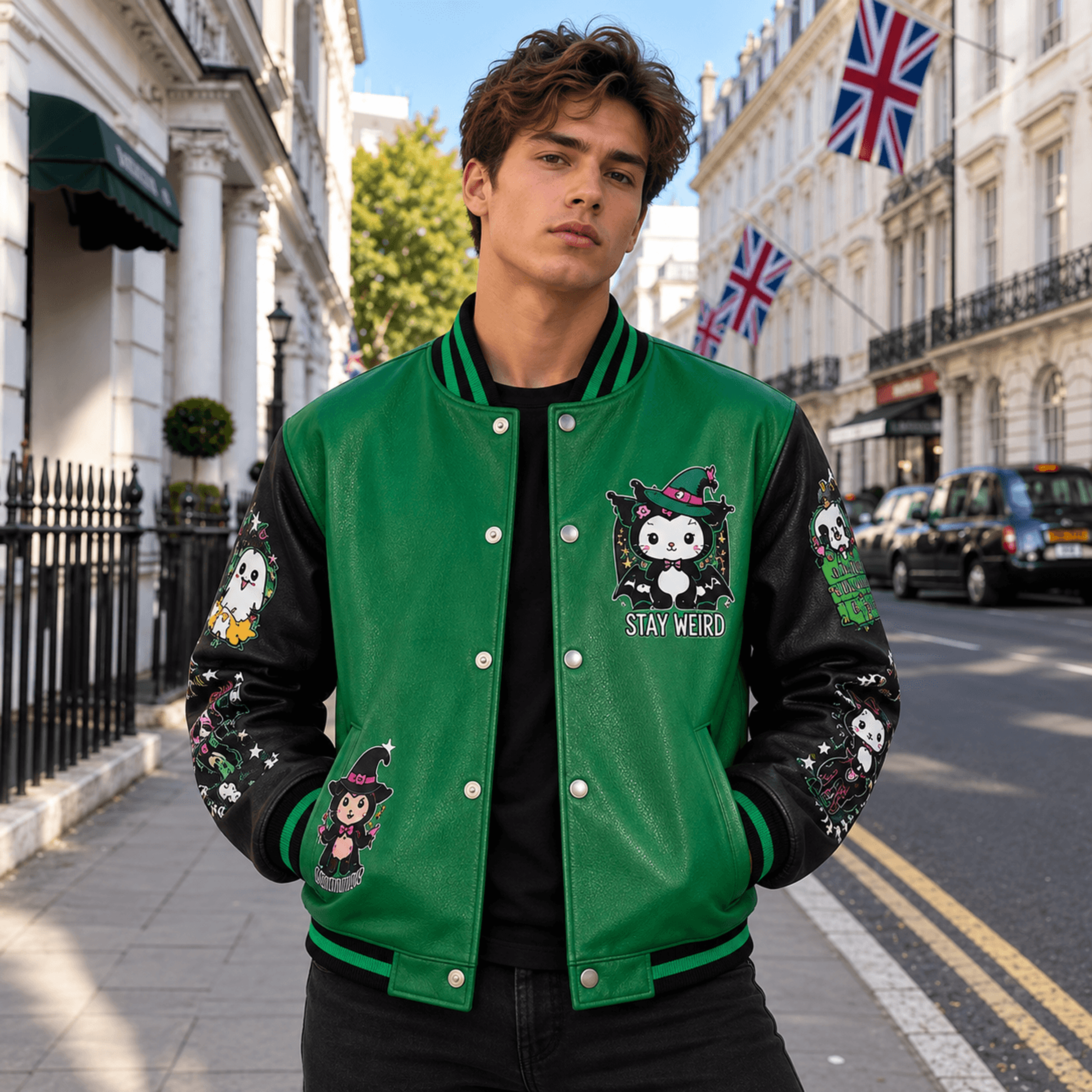 unisex halloween varsity jacket, stay weird witch cat bat jacket, green black spooky gothic halloween gift