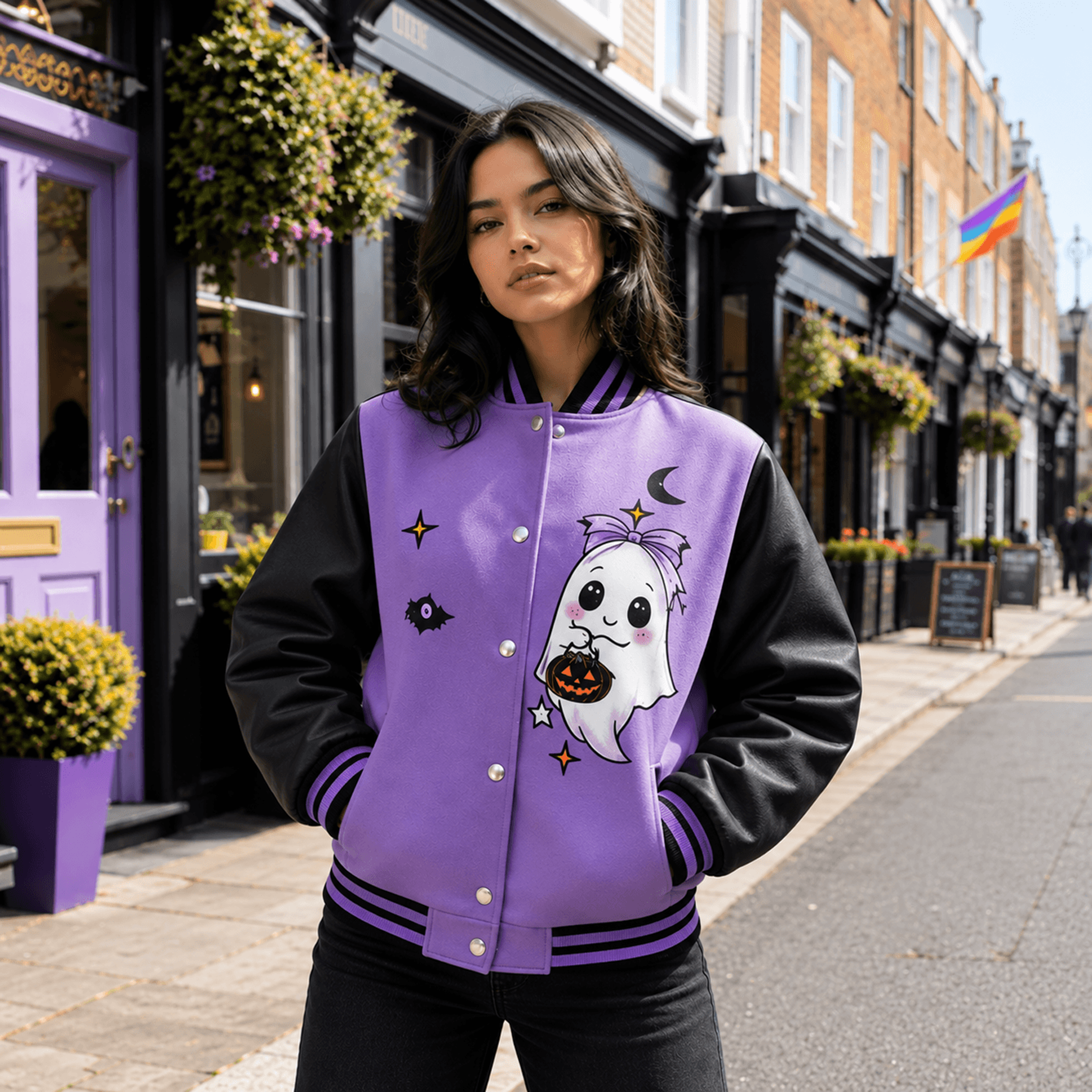 unisex halloween varsity jacket, cute ghost pumpkin bat jacket, purple black spooky halloween gift