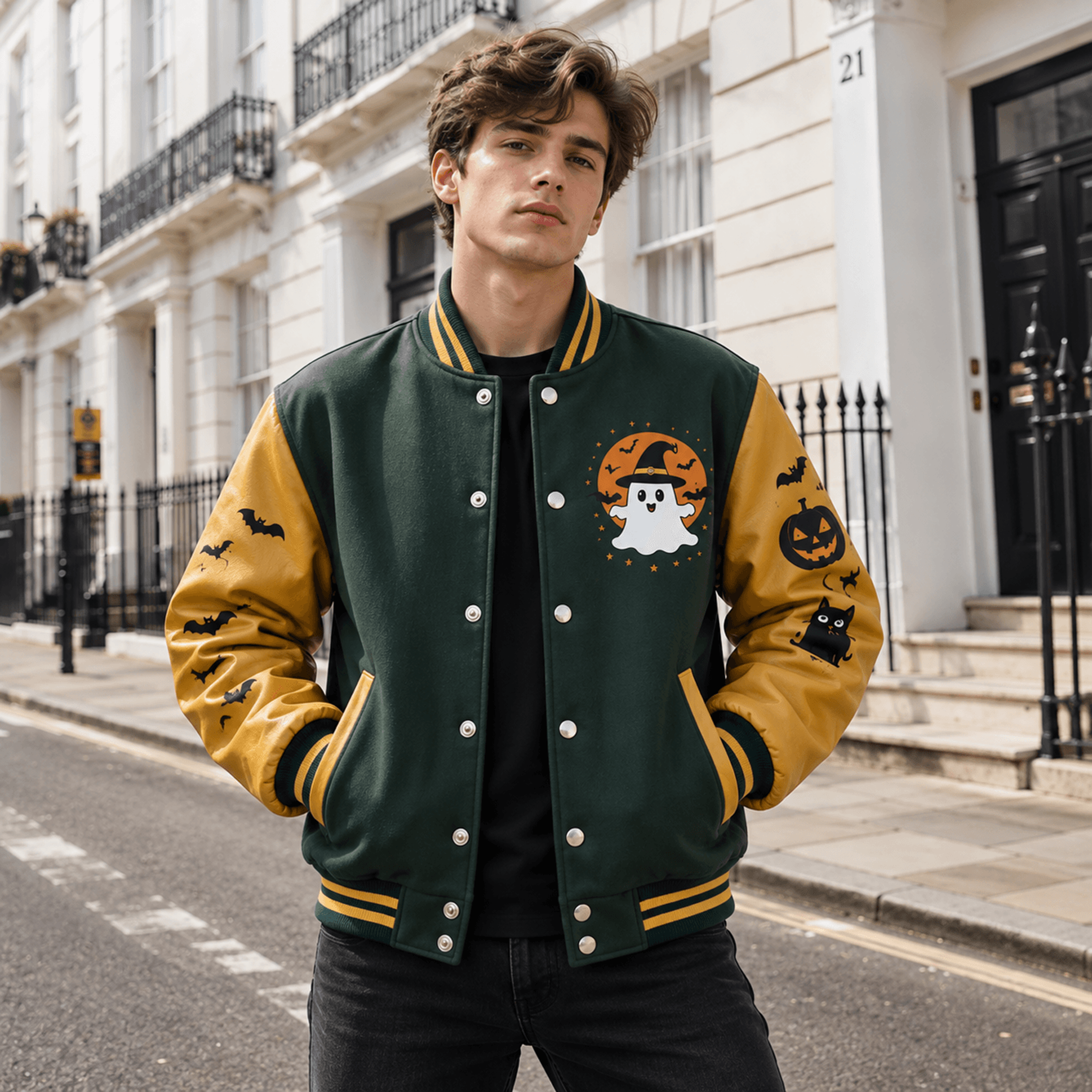 unisex halloween ghost varsity jacket, witch hat pumpkin graphic, green yellow spooky season jacket, halloween gift