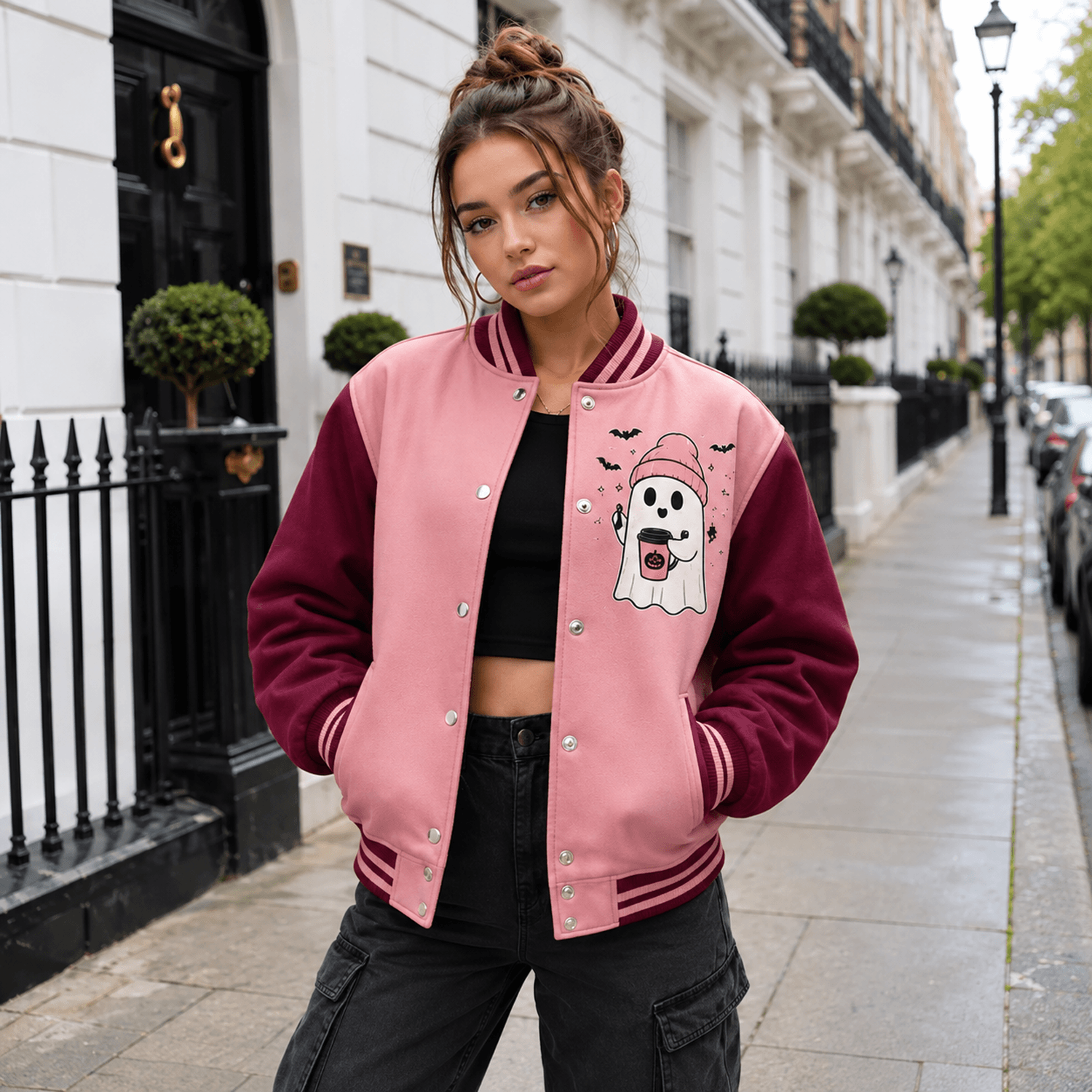 unisex halloween varsity jacket, cozy ghost pumpkin black cat jacket, pink burgundy cute spooky fall gift