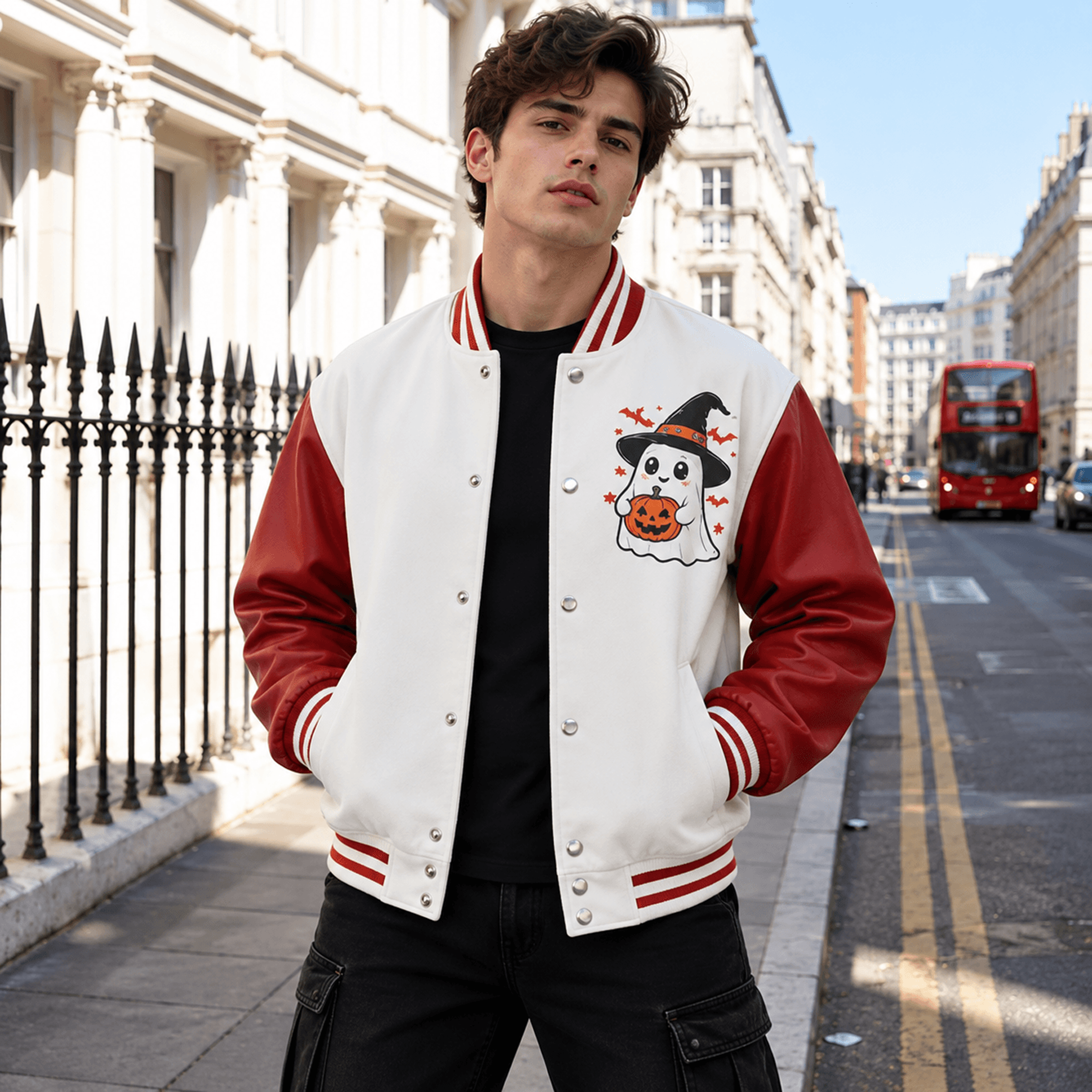 unisex halloween varsity jacket, witch ghost jack o lantern jacket, white red cute spooky october gift