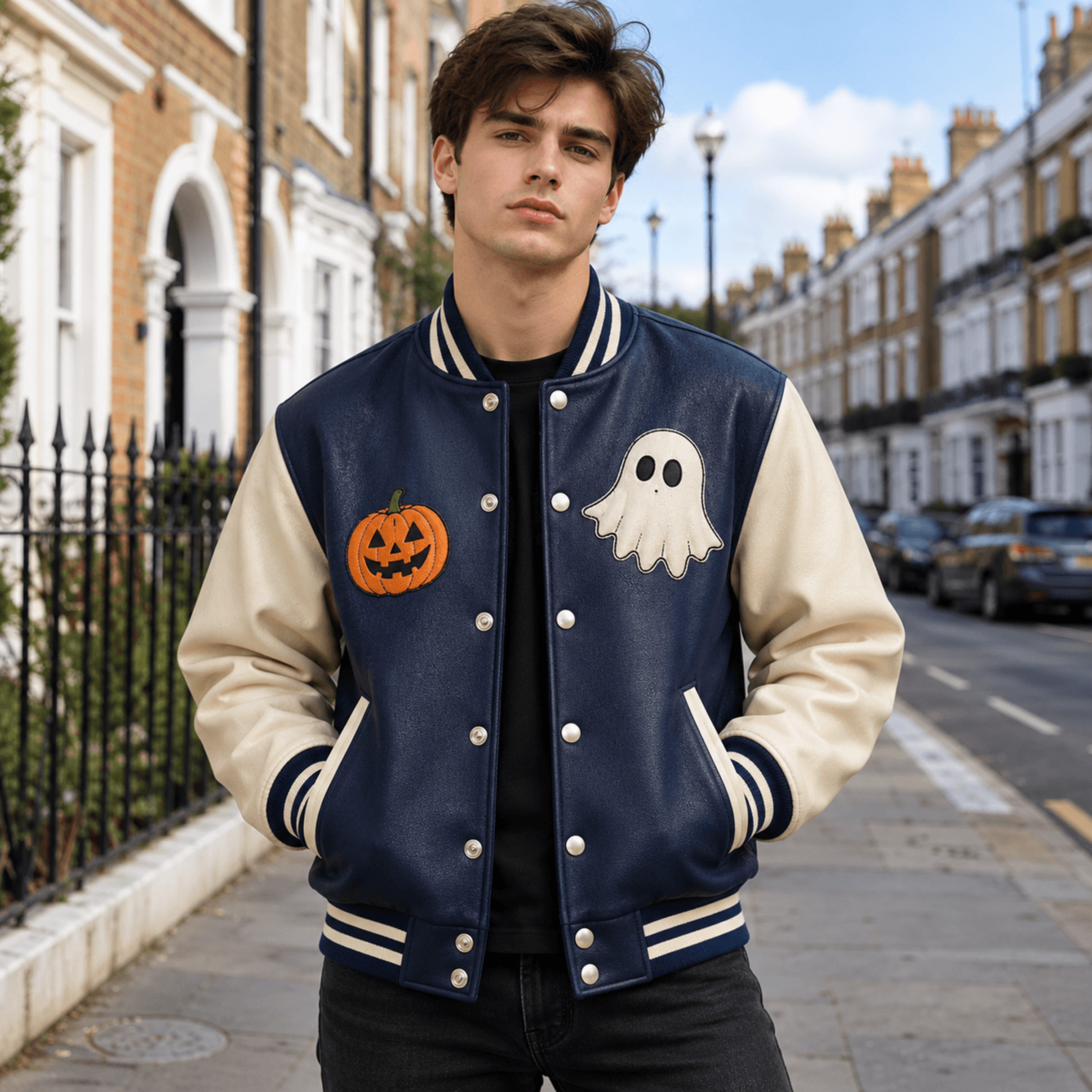 unisex halloween varsity jacket, cute ghost jack o lantern pumpkin bat jacket, navy cream spooky halloween gift