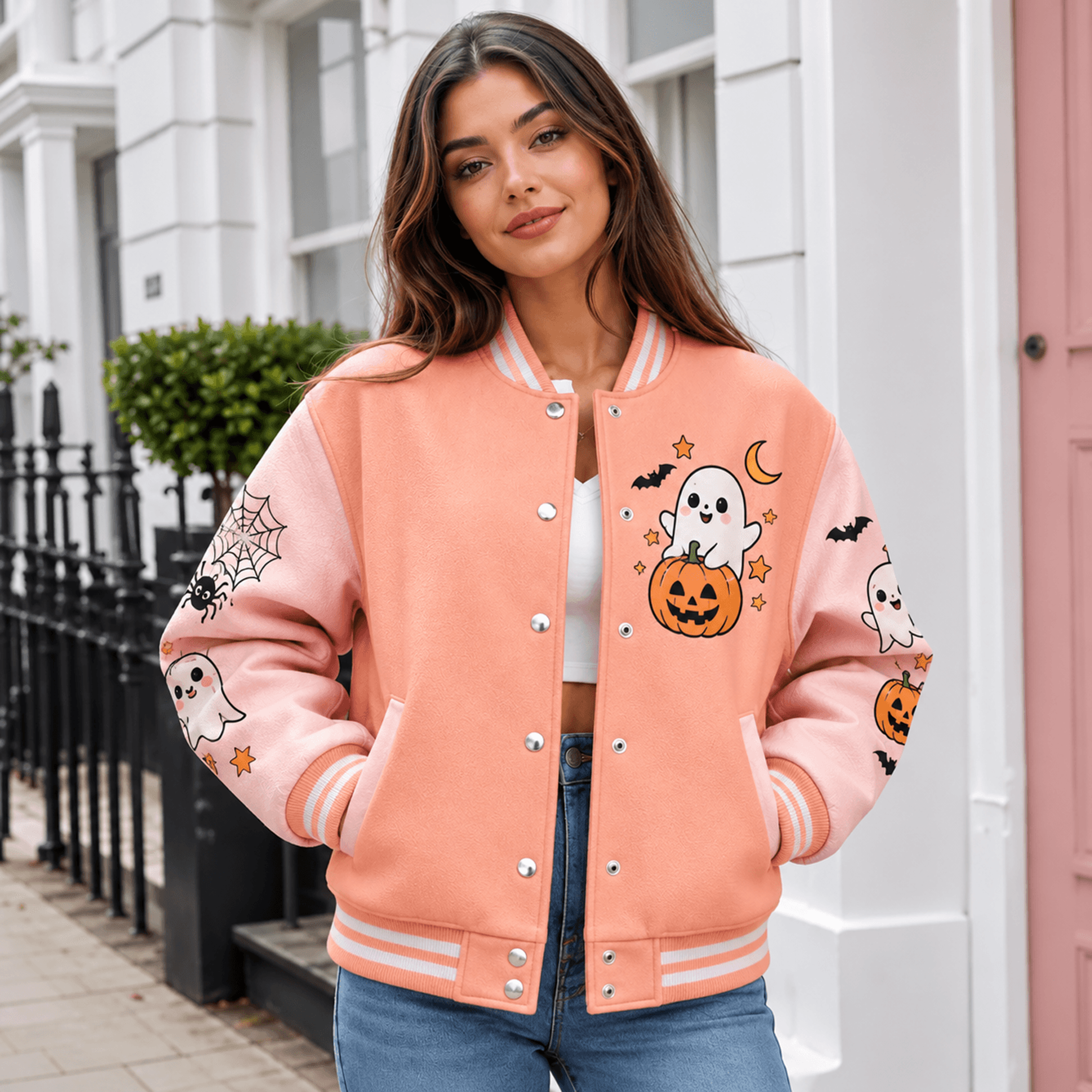unisex halloween varsity jacket, cute ghost pumpkin bat spiderweb design, pink spooky season jacket, halloween gift
