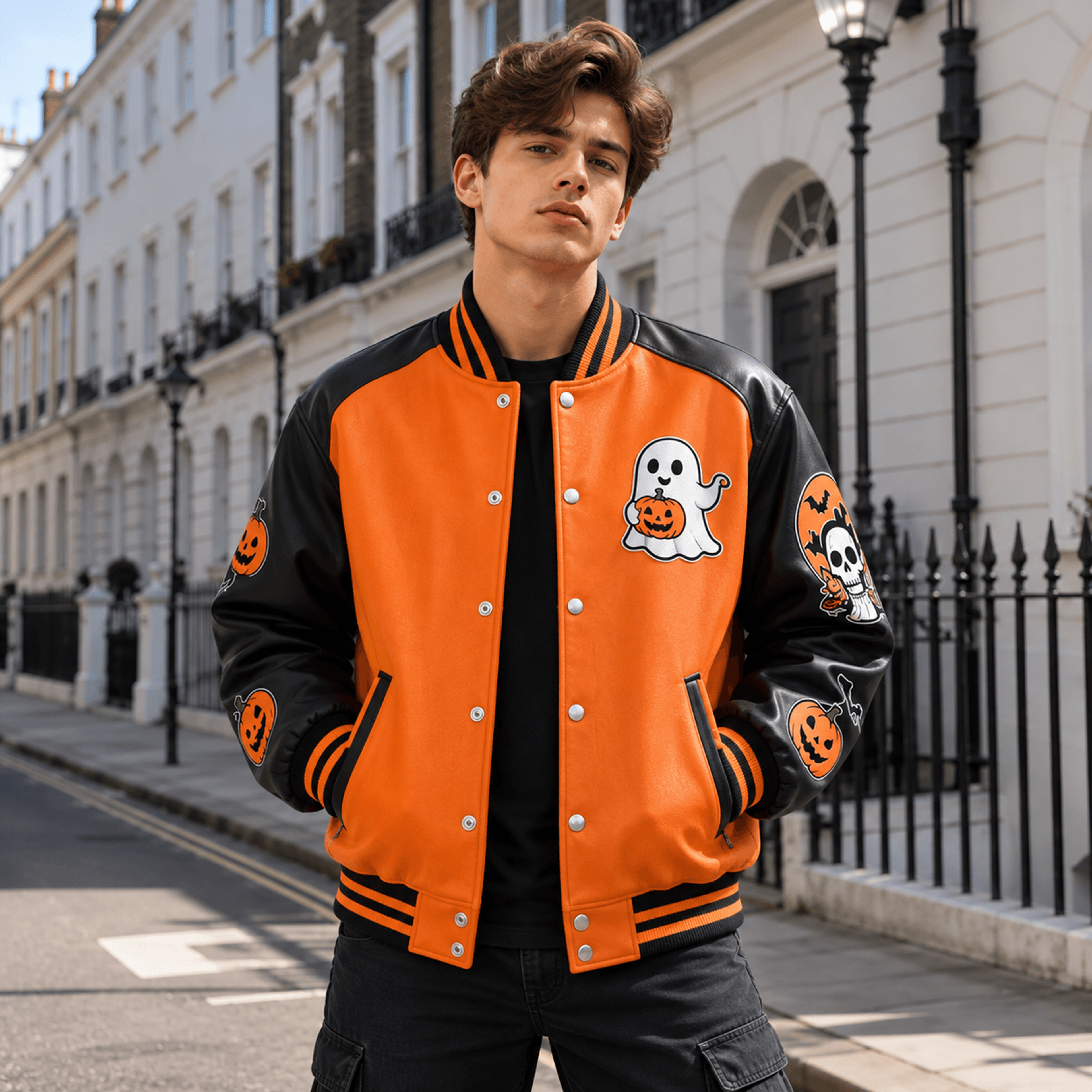 unisex halloween varsity jacket, ghost jack o lantern skull design, orange black spooky pumpkin jacket, halloween gift