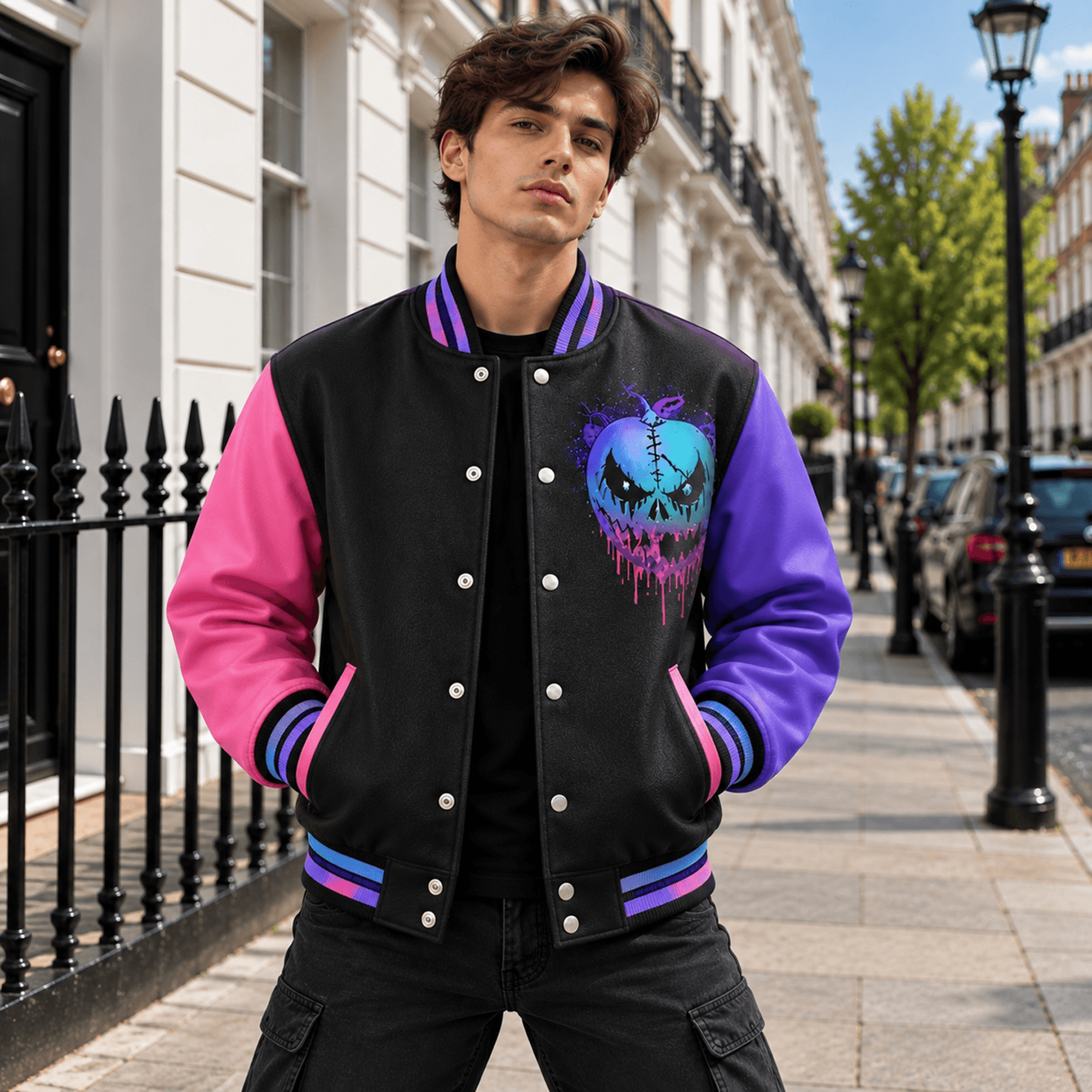 unisex halloween varsity jacket, neon skull haunted house bat design, black pink purple spooky horror jacket