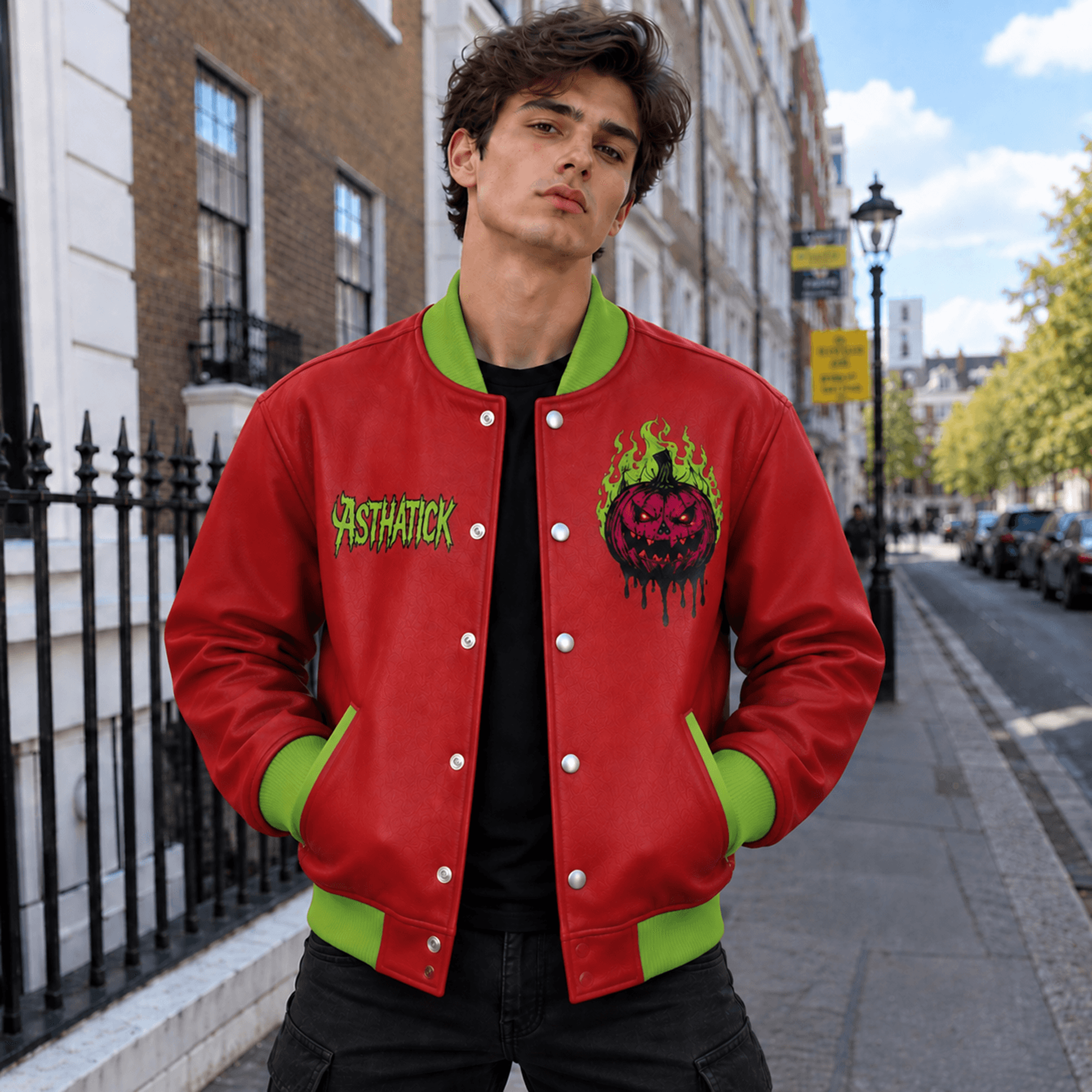 unisex halloween varsity jacket, evil flaming jack o lantern pumpkin, red green gothic horror spooky jacket gift