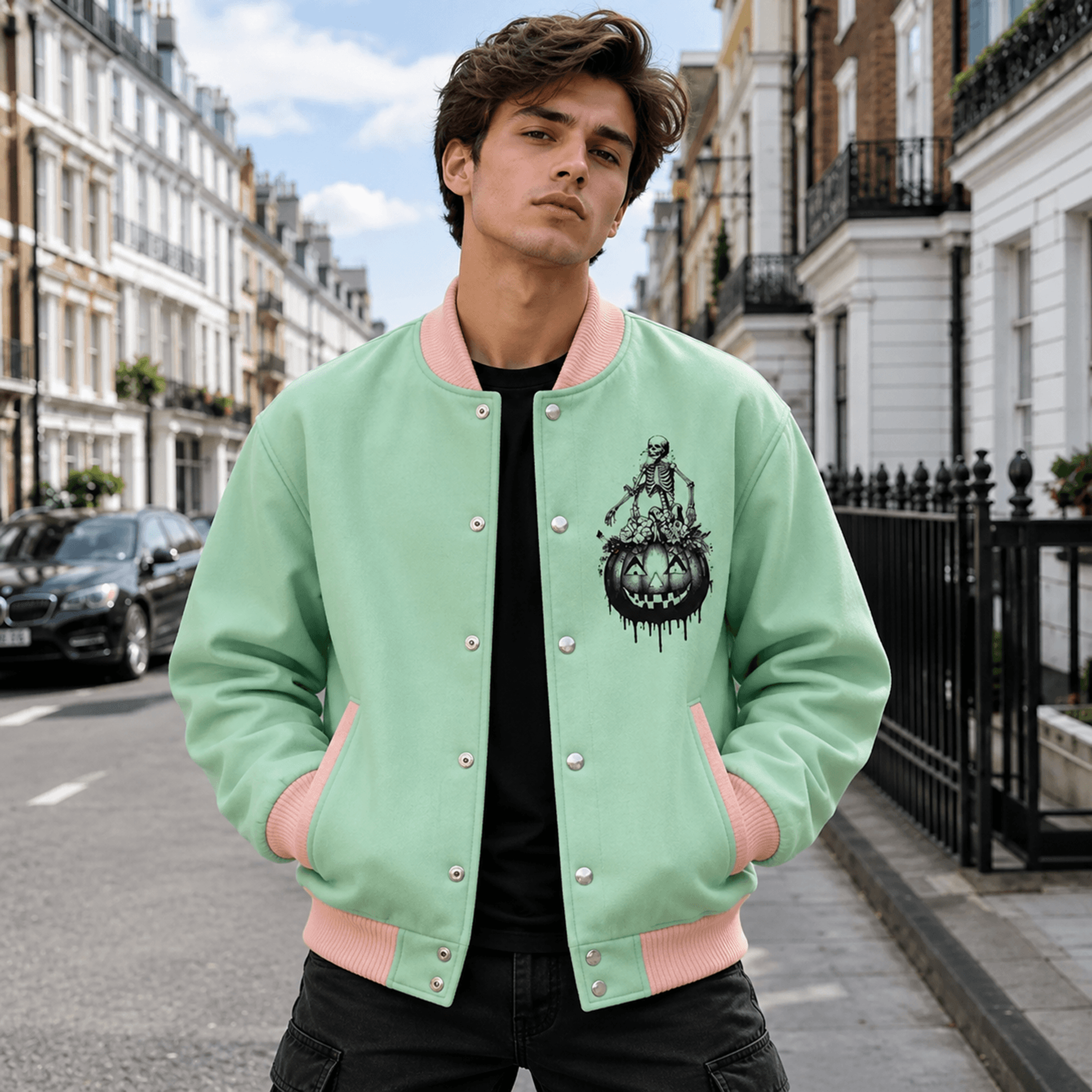 unisex halloween varsity jacket, skeleton skull jack o lantern pumpkin design, mint green gothic spooky jacket gift