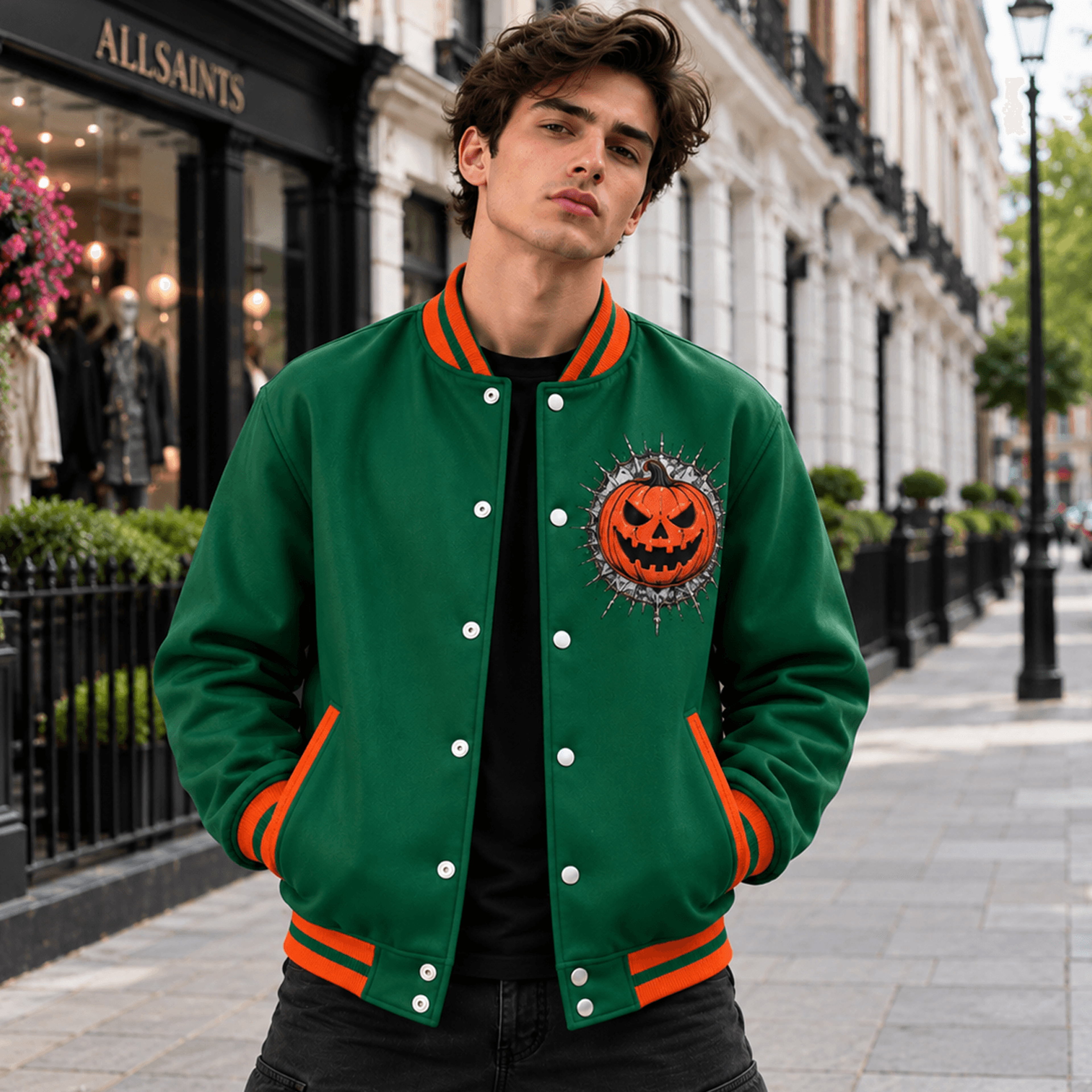 unisex halloween varsity jacket, evil jack o lantern skull spiderweb design, green orange gothic pumpkin jacket