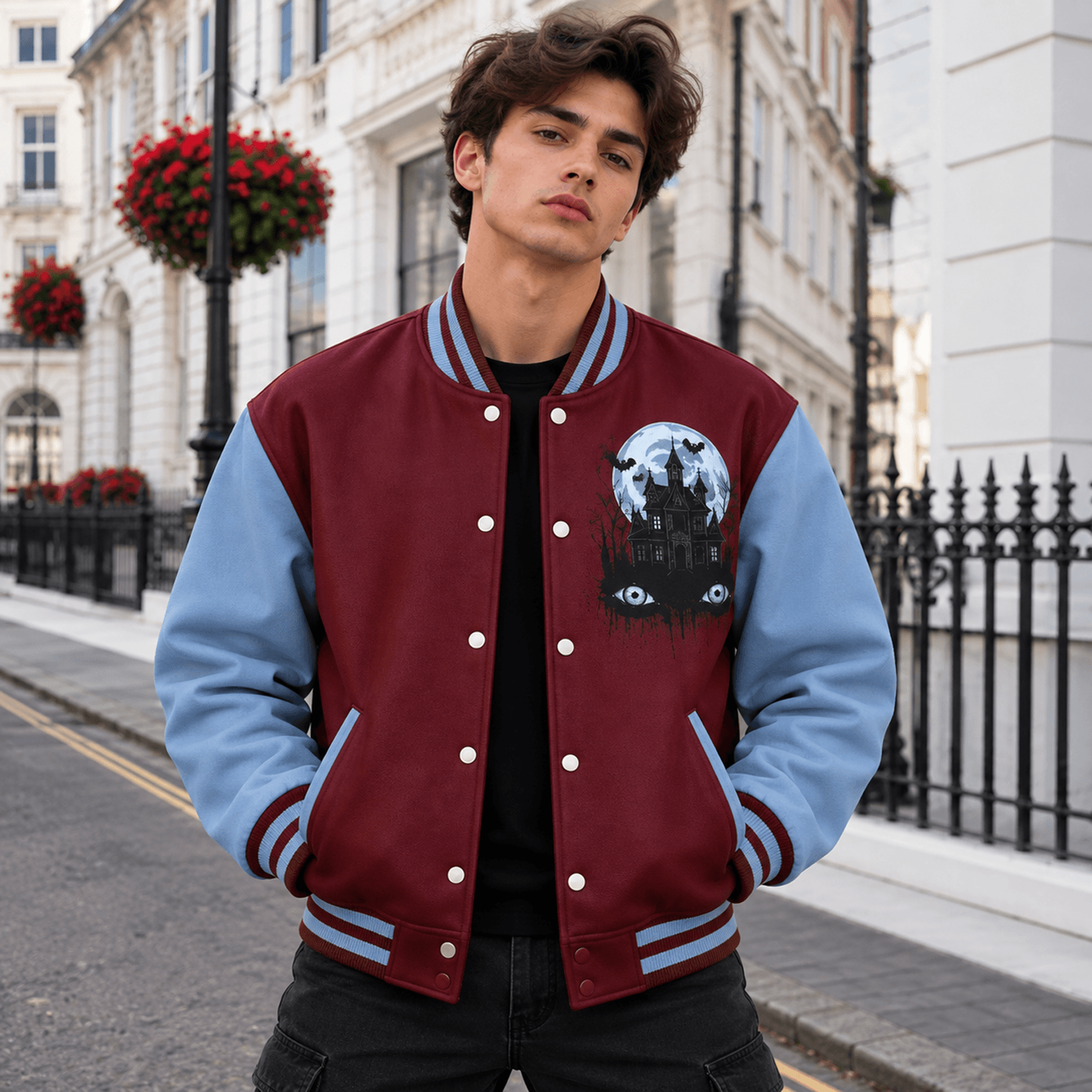 unisex halloween varsity jacket, haunted house full moon bat design, burgundy blue gothic spooky jacket gift