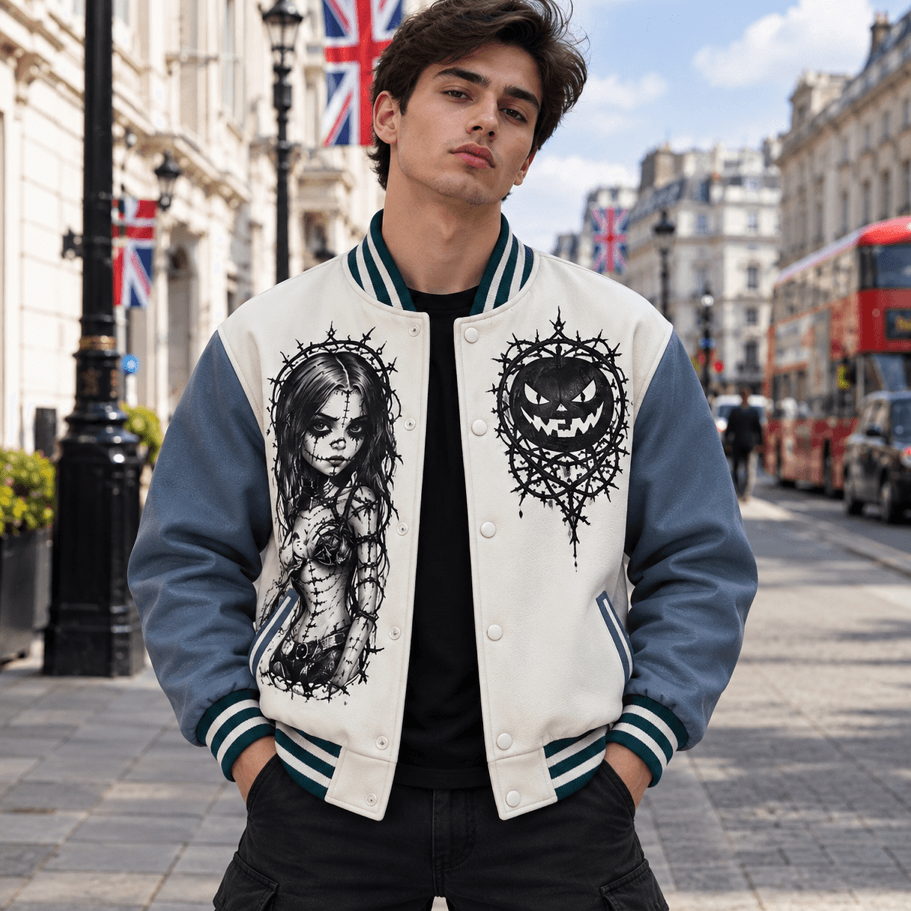 unisex halloween varsity jacket, gothic doll evil pumpkin thorn design, white blue creepy horror jacket gift