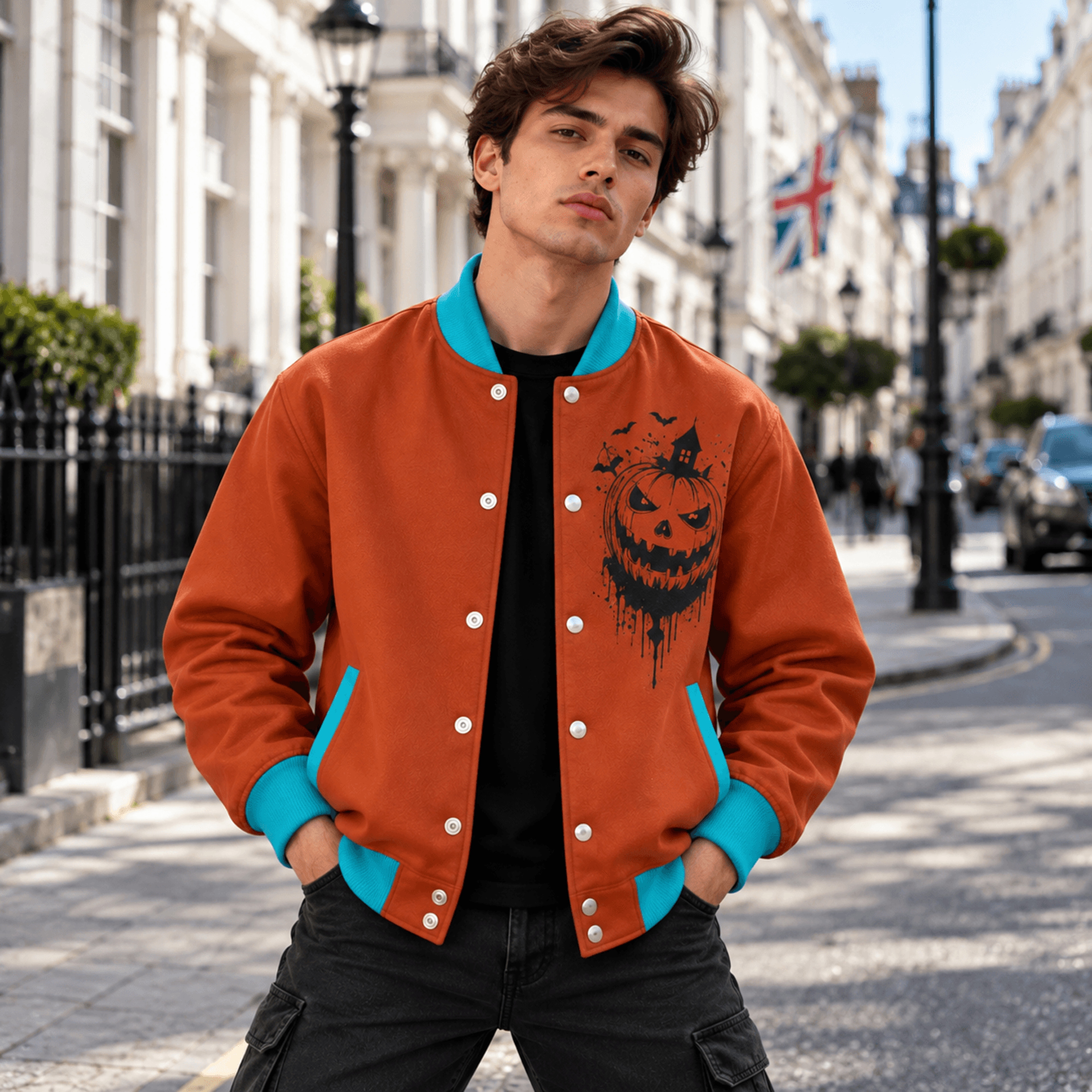 unisex halloween varsity jacket, evil jack o lantern haunted castle bat design, orange blue gothic spooky jacket gift
