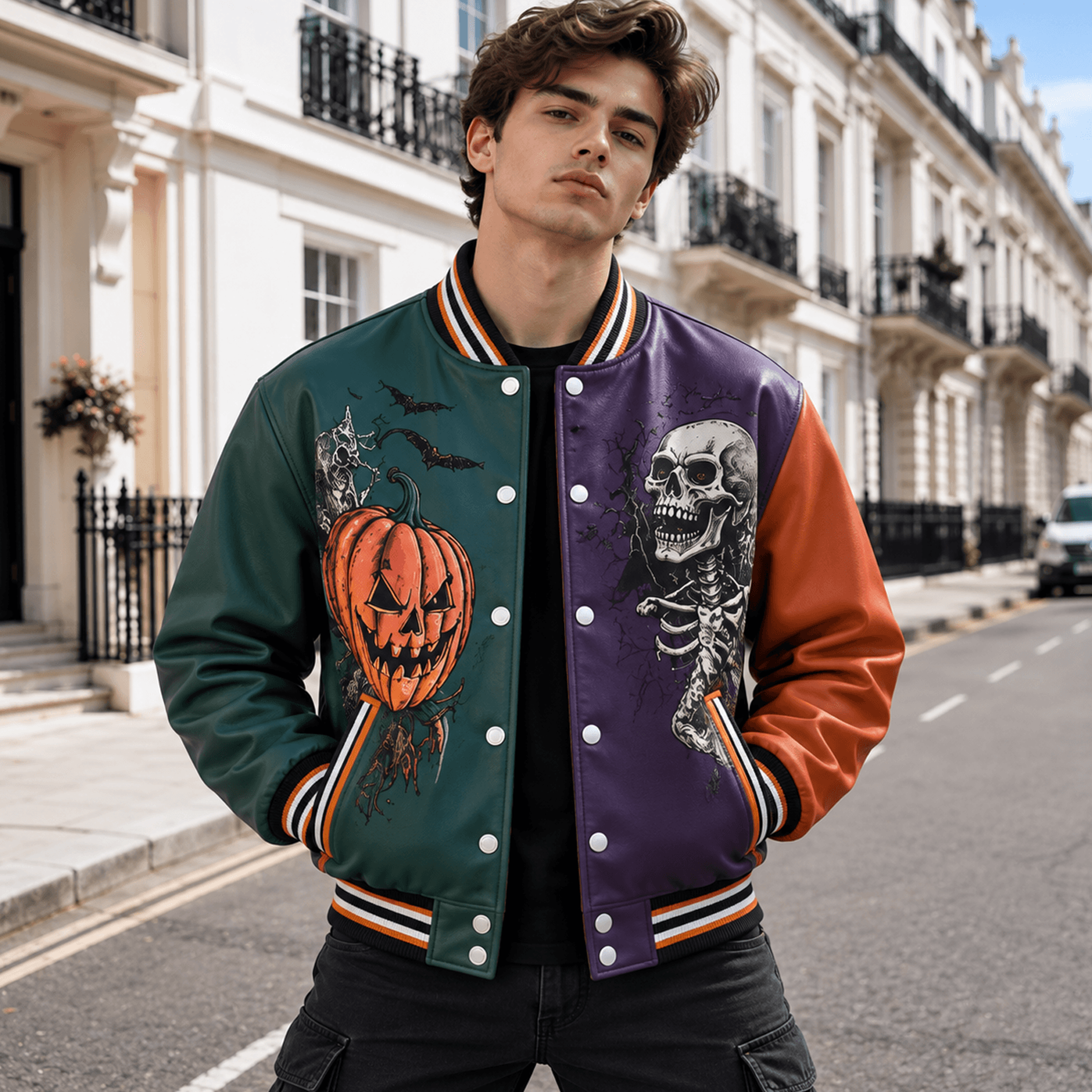unisex halloween varsity jacket, jack o lantern skeleton haunted house design, pumpkin skull spooky jacket gift