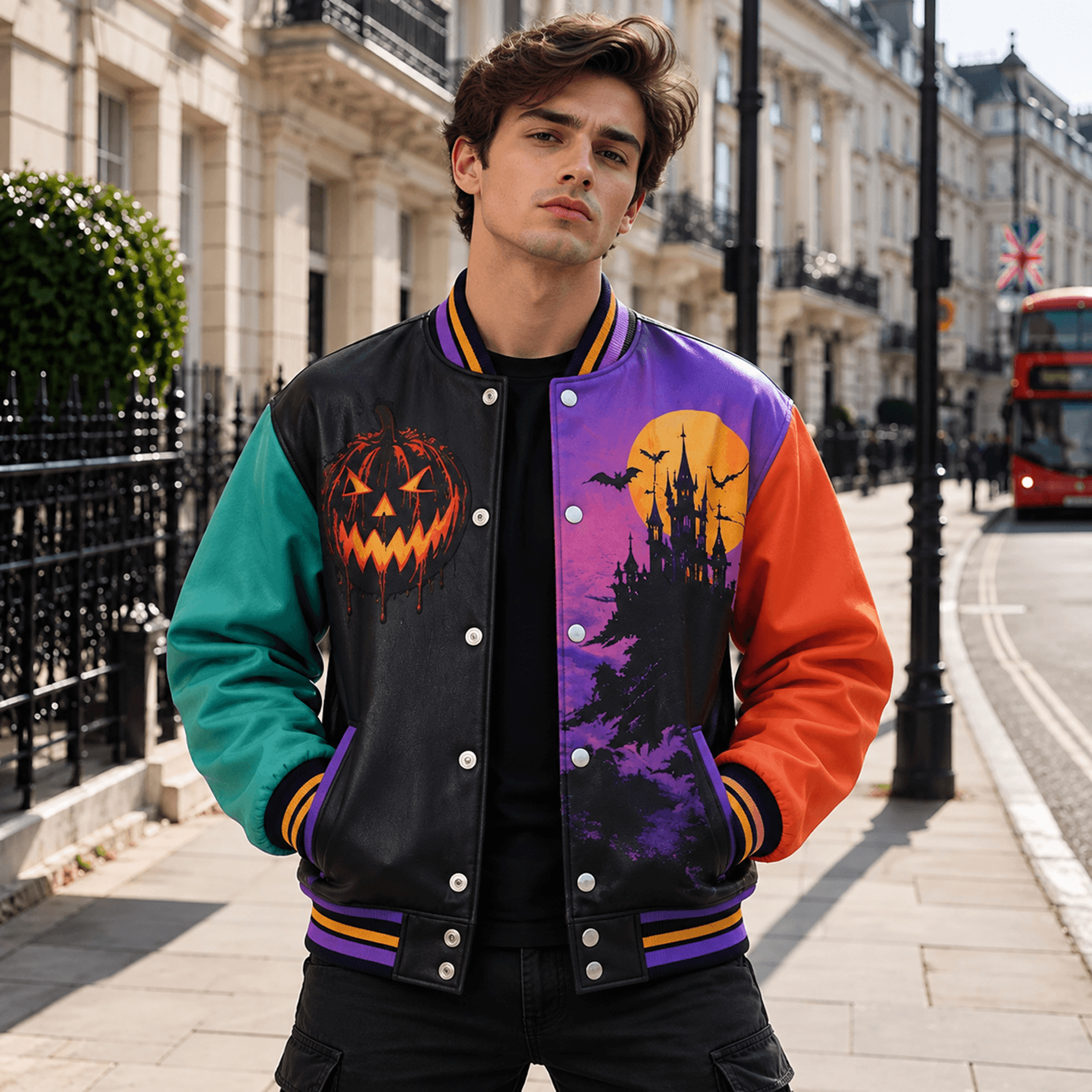 unisex halloween varsity jacket, haunted castle jack o lantern pumpkin design, full moon bat spooky jacket gift