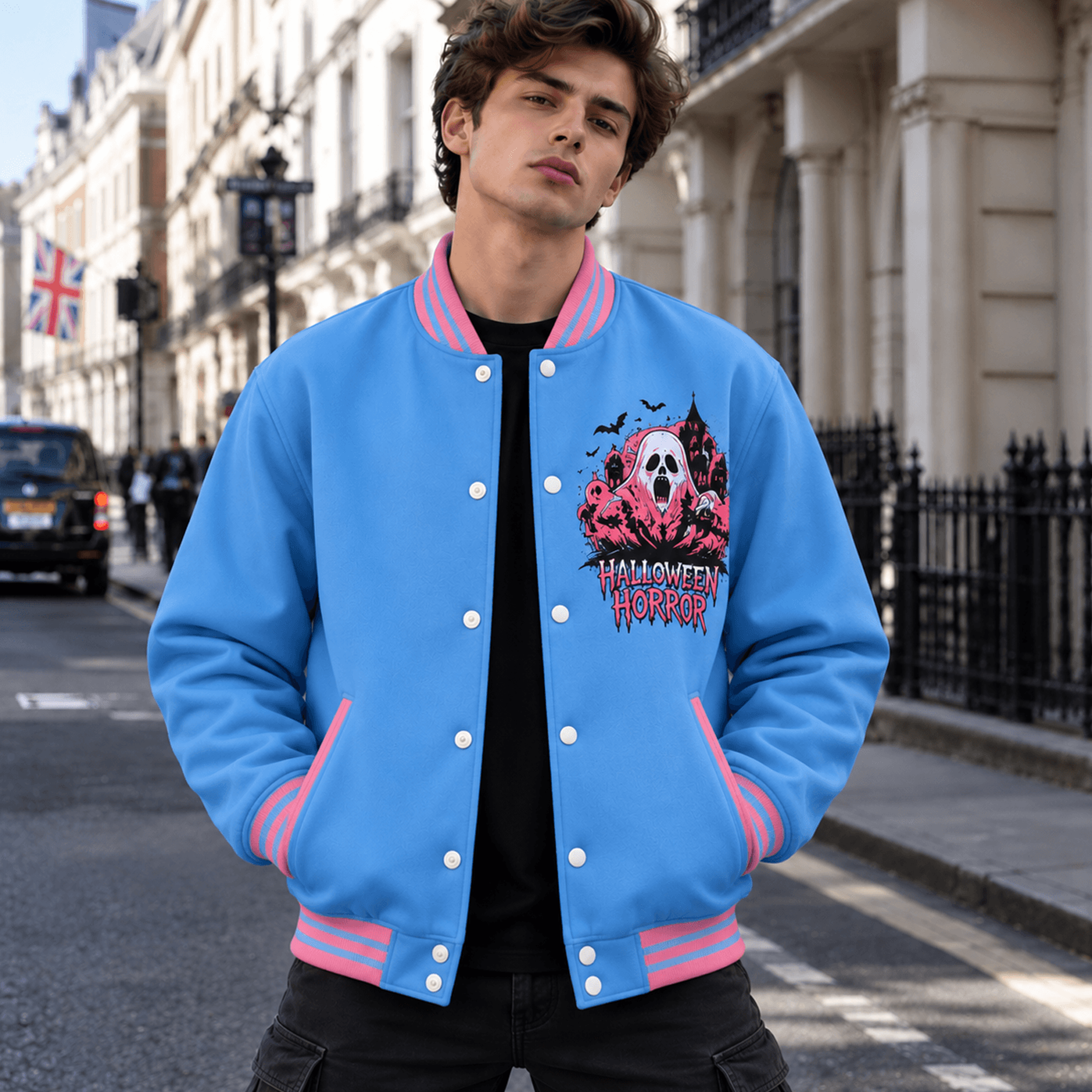 unisex halloween varsity jacket, halloween horror ghost skull graveyard design, blue pink spooky jacket gift