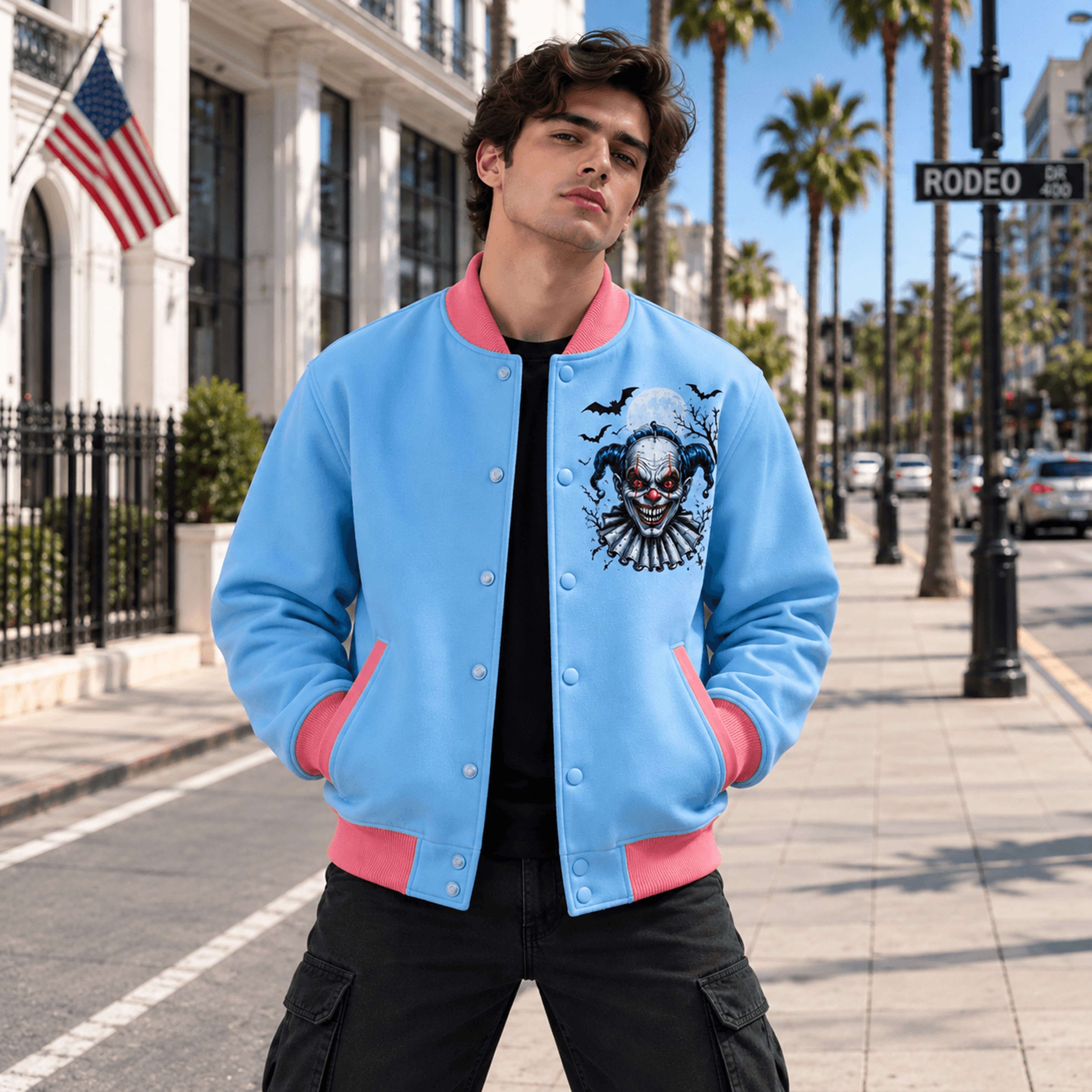 unisex halloween varsity jacket, scary clown haunted house bat design, blue pink horror spooky season jacket