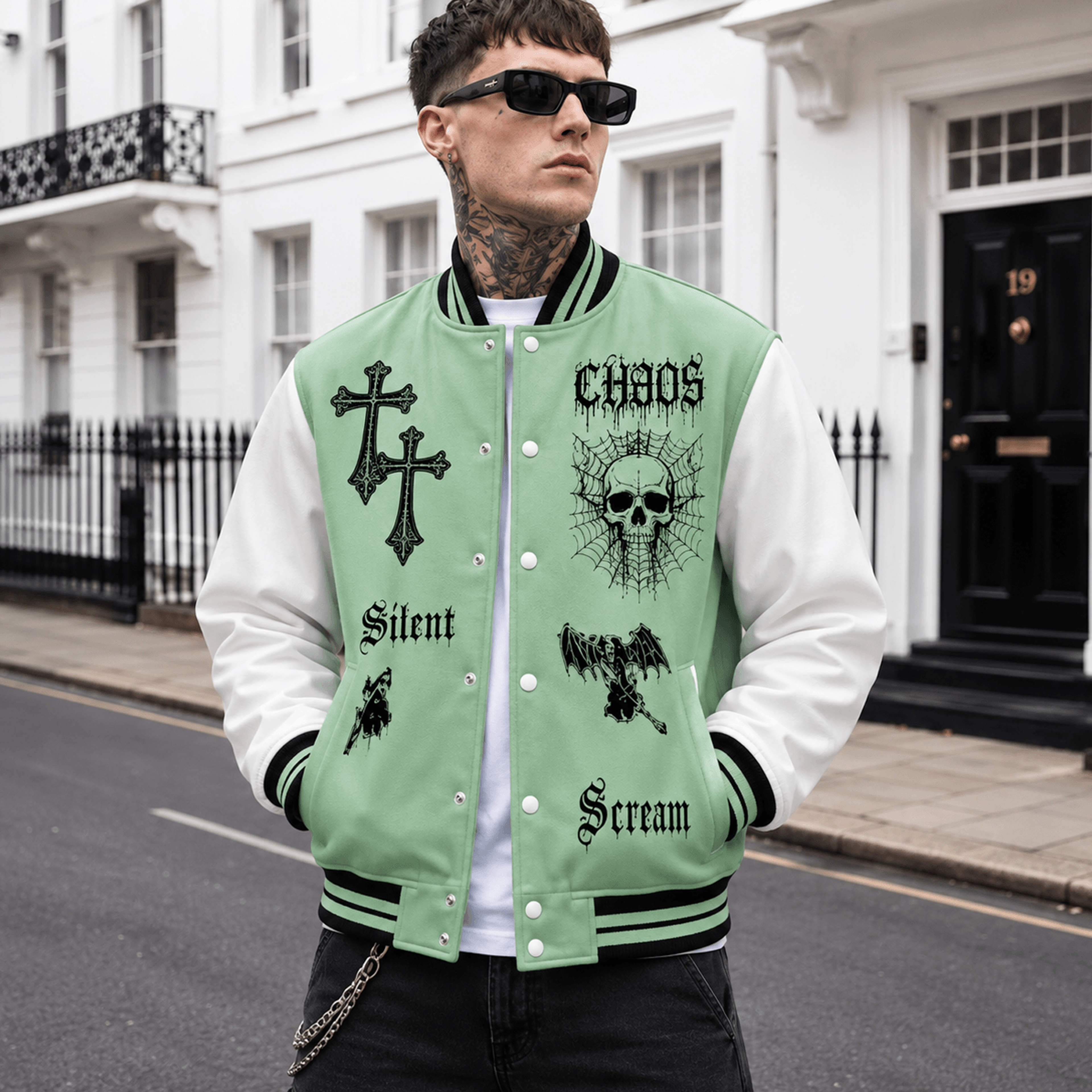 unisex gothic varsity jacket, chaos skull cross bat graphic, mint green dark alternative streetwear jacket