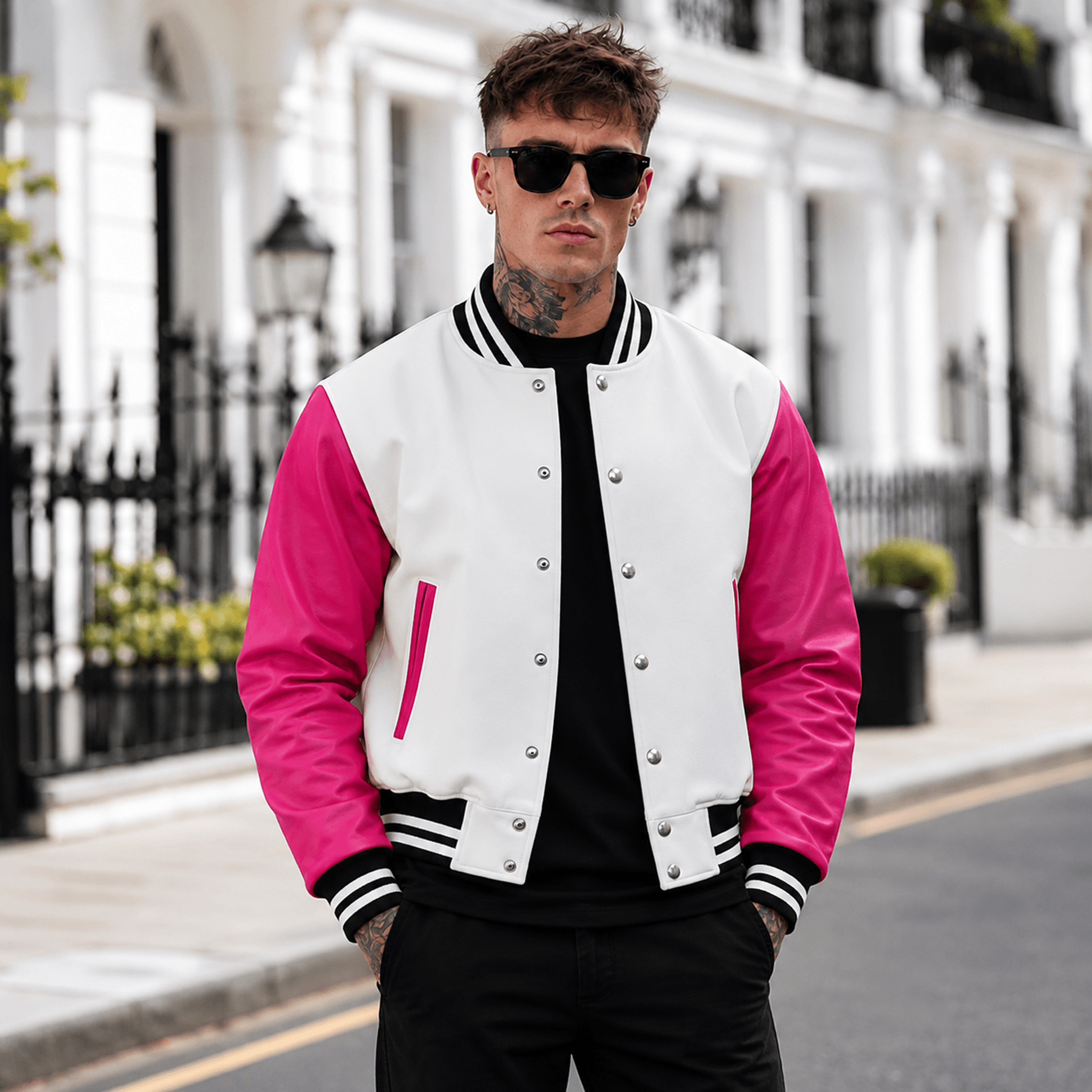 unisex skull varsity jacket, black white skull graphic jacket, pink sleeve gothic alternative streetwear jacket