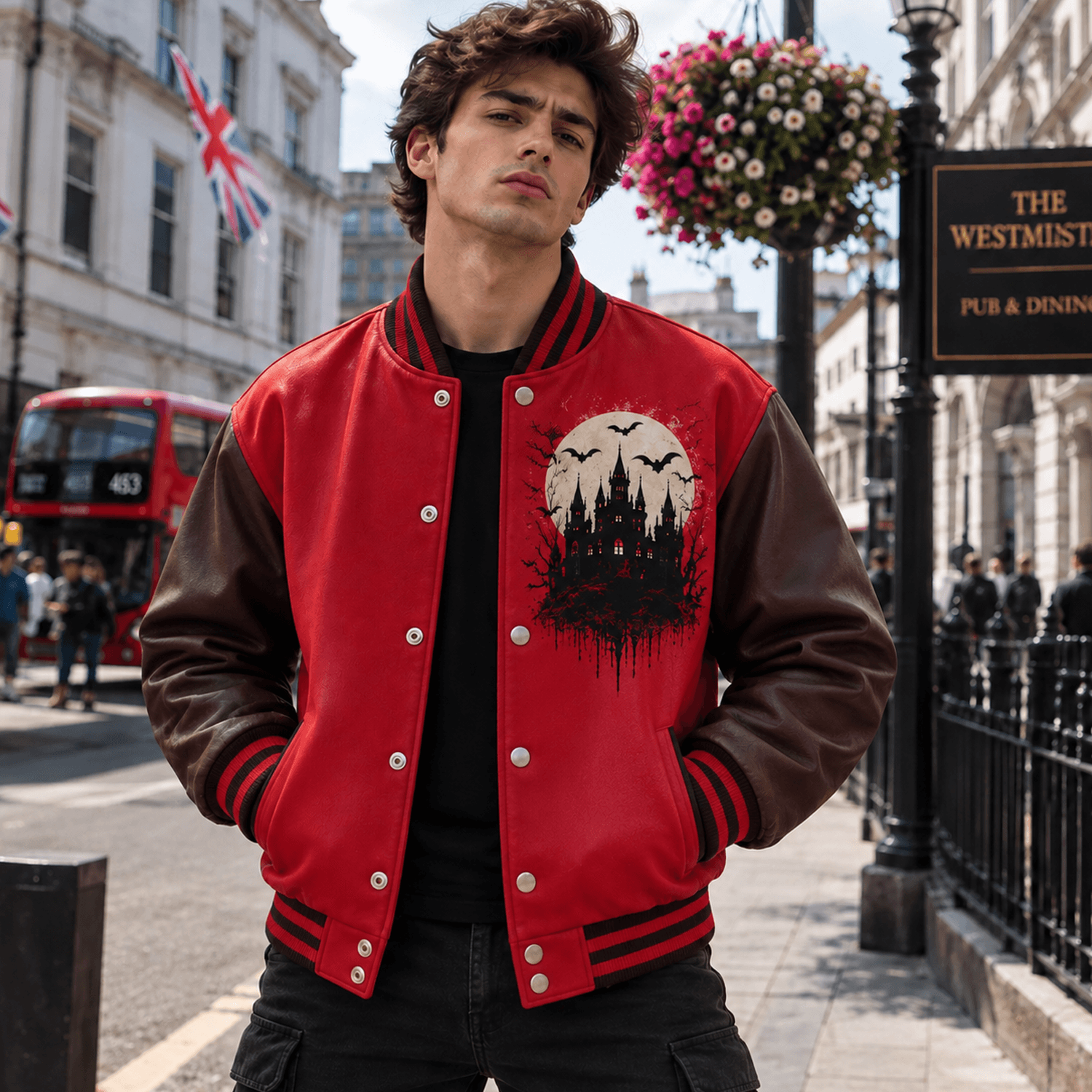unisex halloween varsity jacket, haunted castle skull pumpkin graphic, red black gothic spooky season jacket