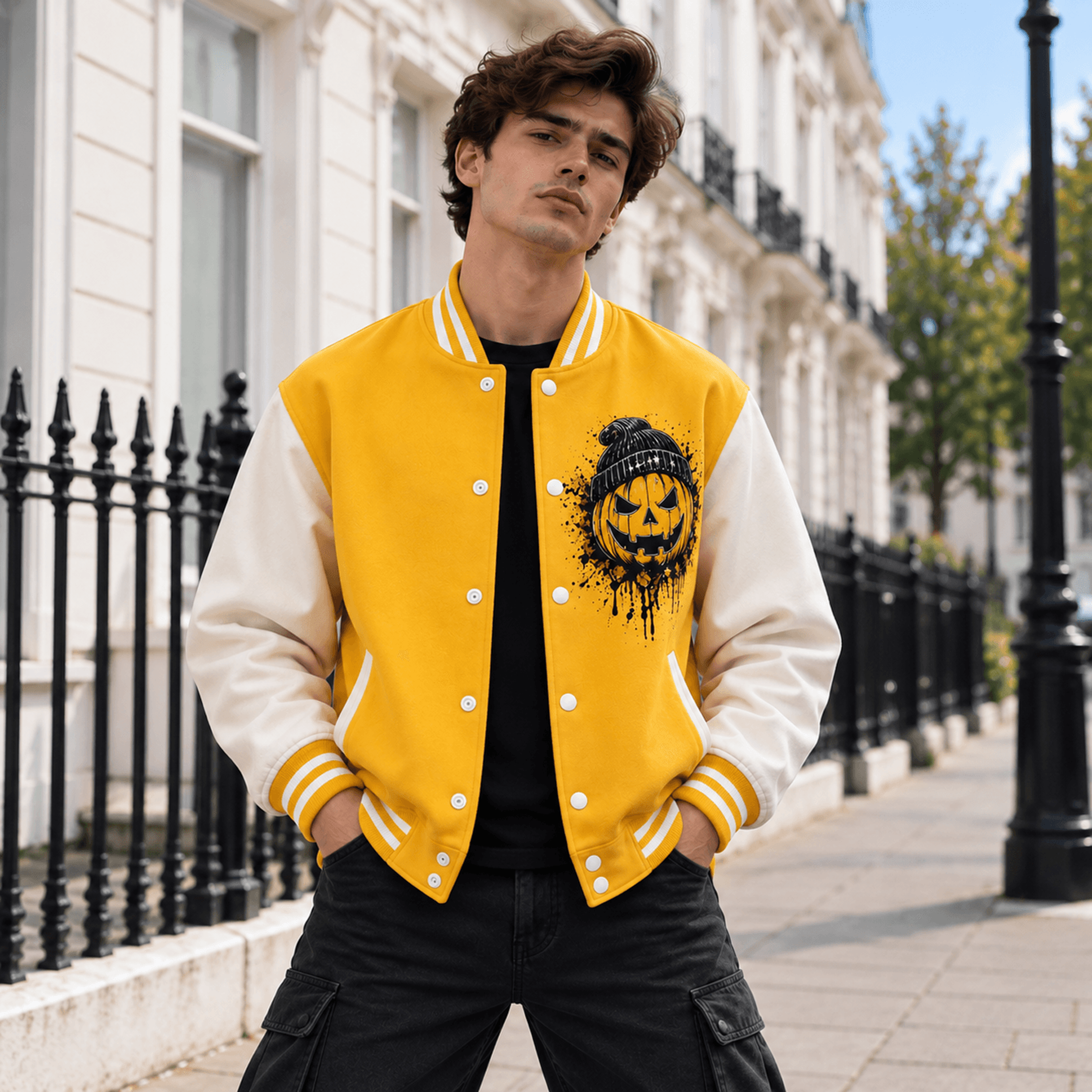 unisex halloween varsity jacket, beanie jack o lantern pumpkin graphic, yellow white spooky season jacket, halloween gif