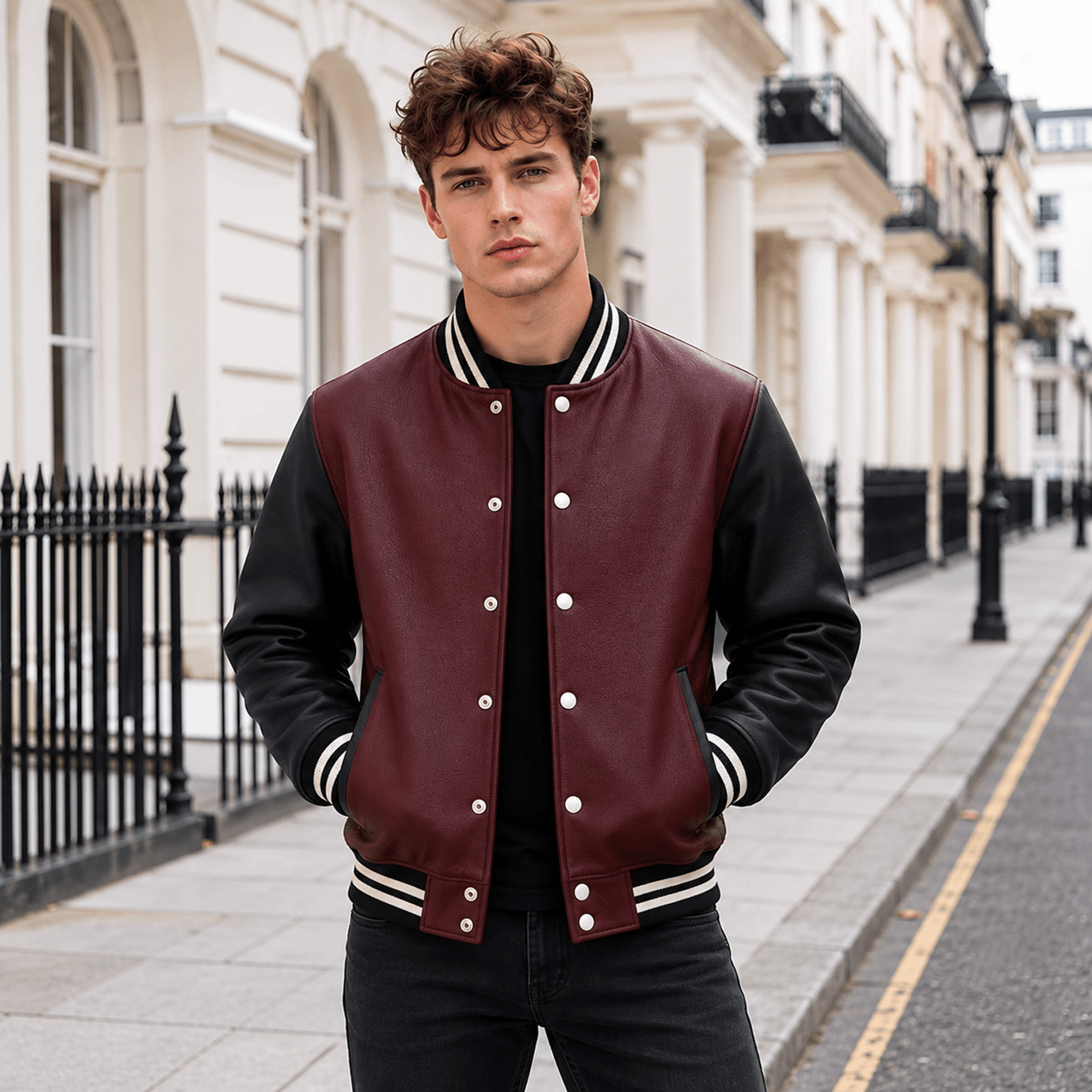 unisex halloween varsity jacket, evil jack o lantern face graphic, burgundy black scary pumpkin spooky jacket