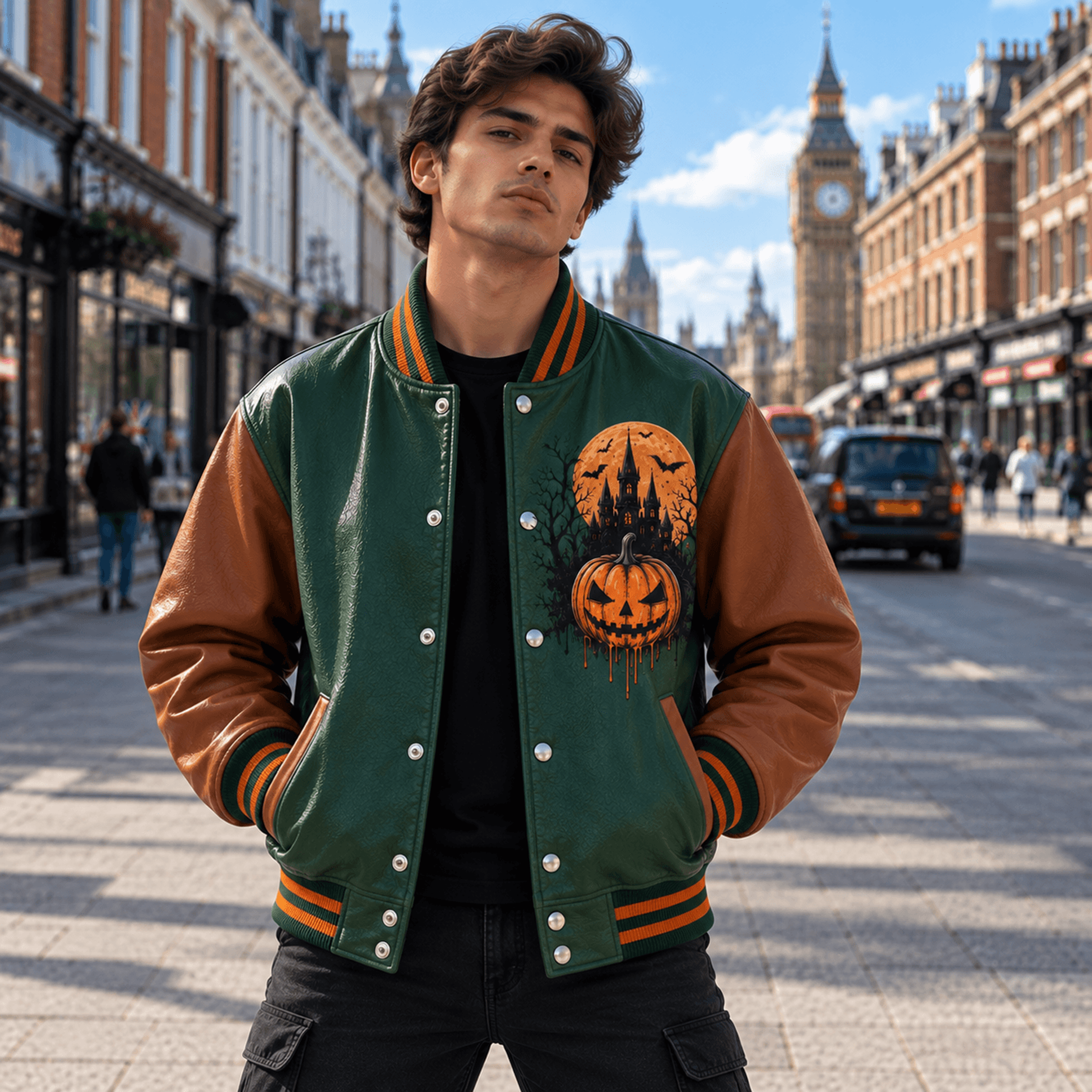 unisex halloween varsity jacket, jack o lantern haunted castle skull graveyard graphic, green orange spooky jacket