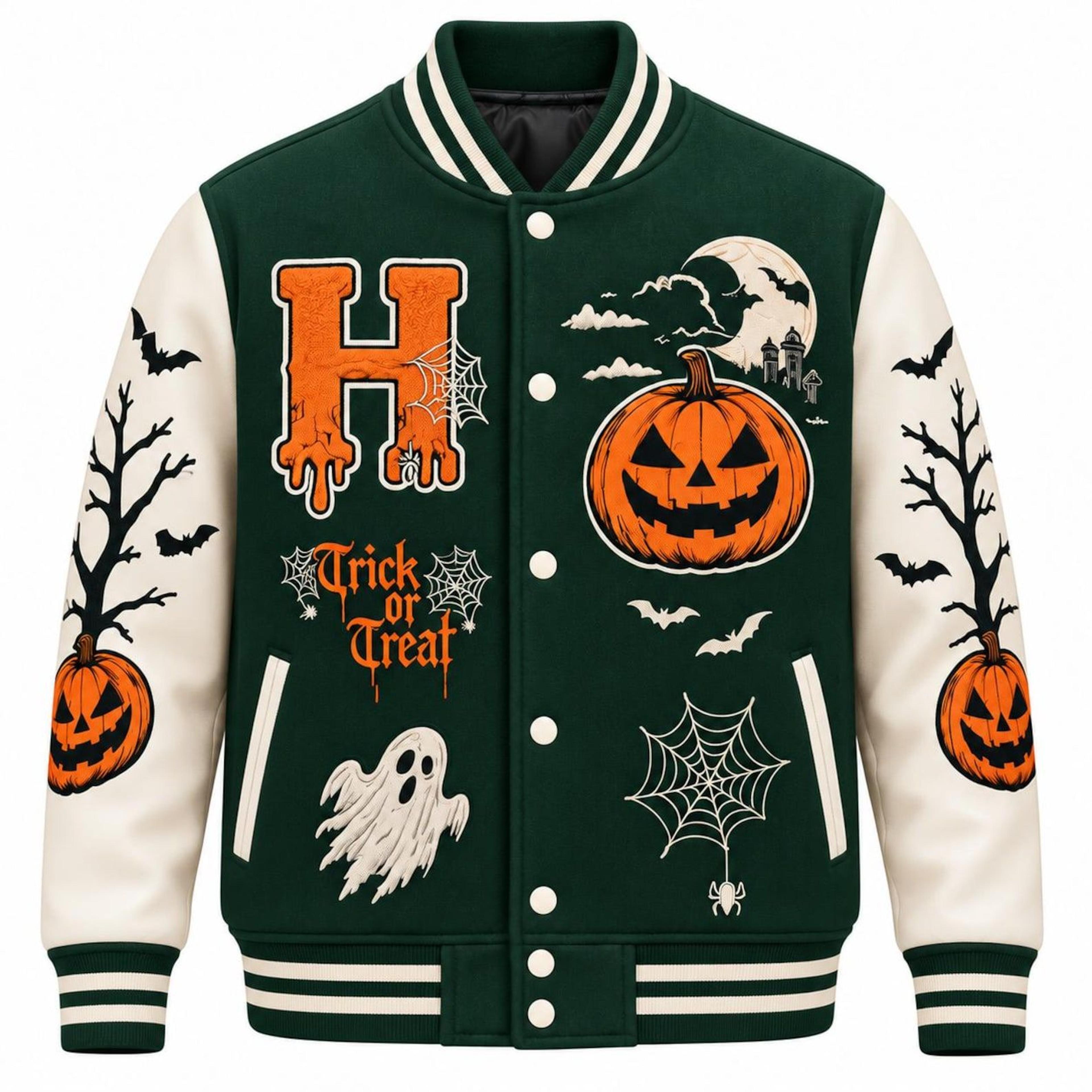 unisex halloween varsity jacket, trick or treat pumpkin ghost haunted house graphic, green cream spooky jacket