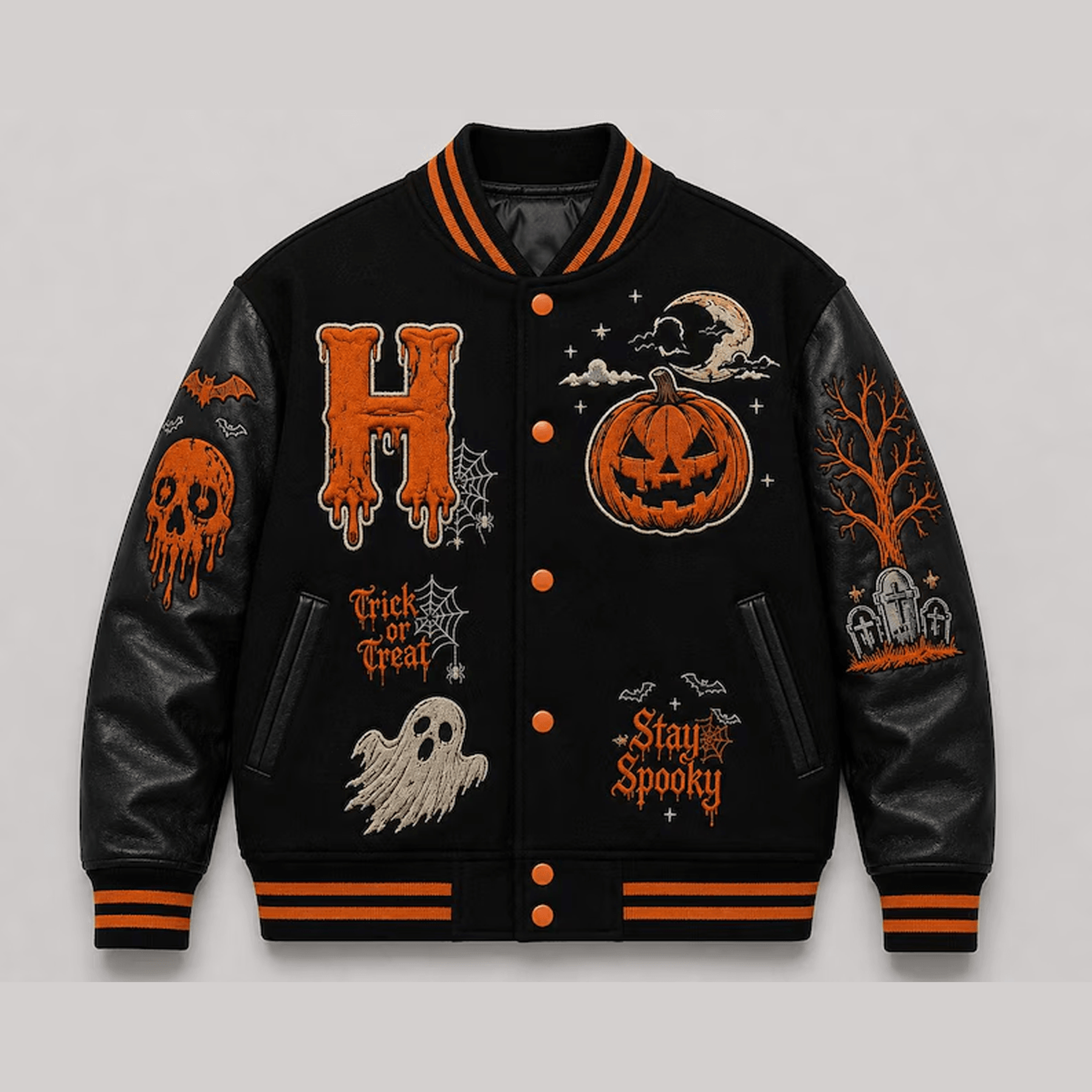 unisex halloween varsity jacket, trick or treat pumpkin ghost graveyard graphic, black orange spooky jacket
