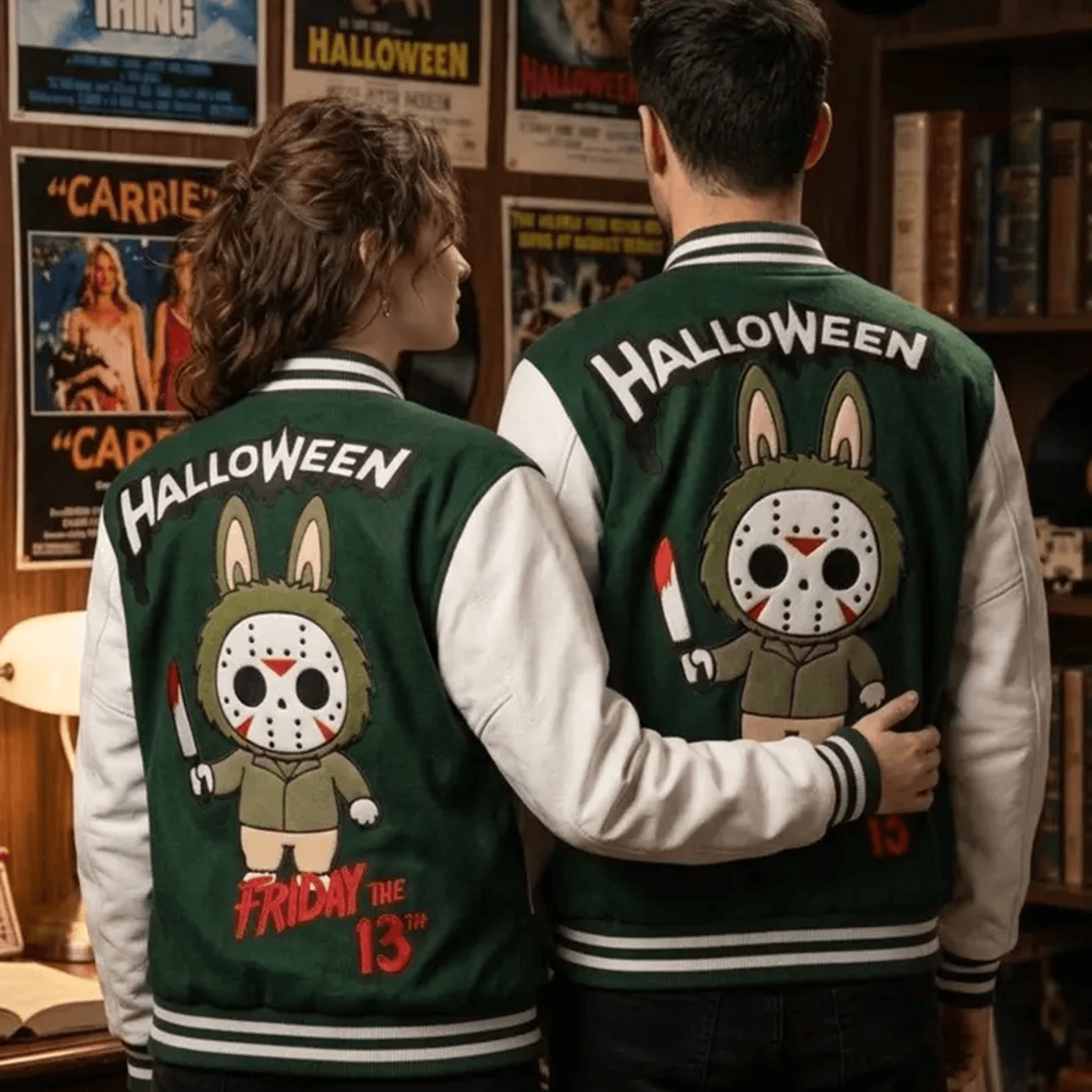 unisex horror slasher bunny varsity jacket, scary rabbit halloween graphic, creepy spooky season horror fan gift