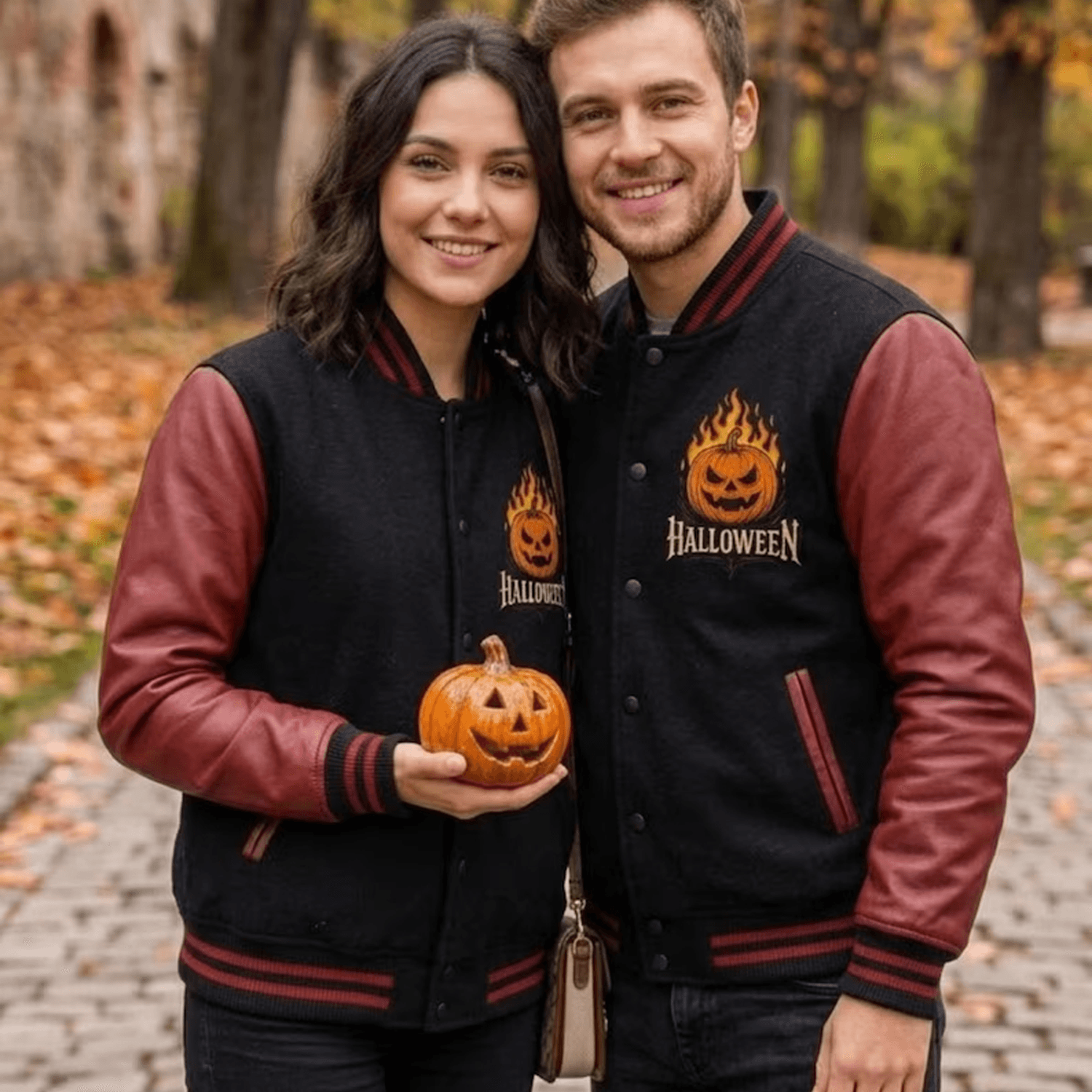 unisex halloween varsity jacket, flaming jack o lantern pumpkin graphic, fire horror spooky season jacket, halloween gif